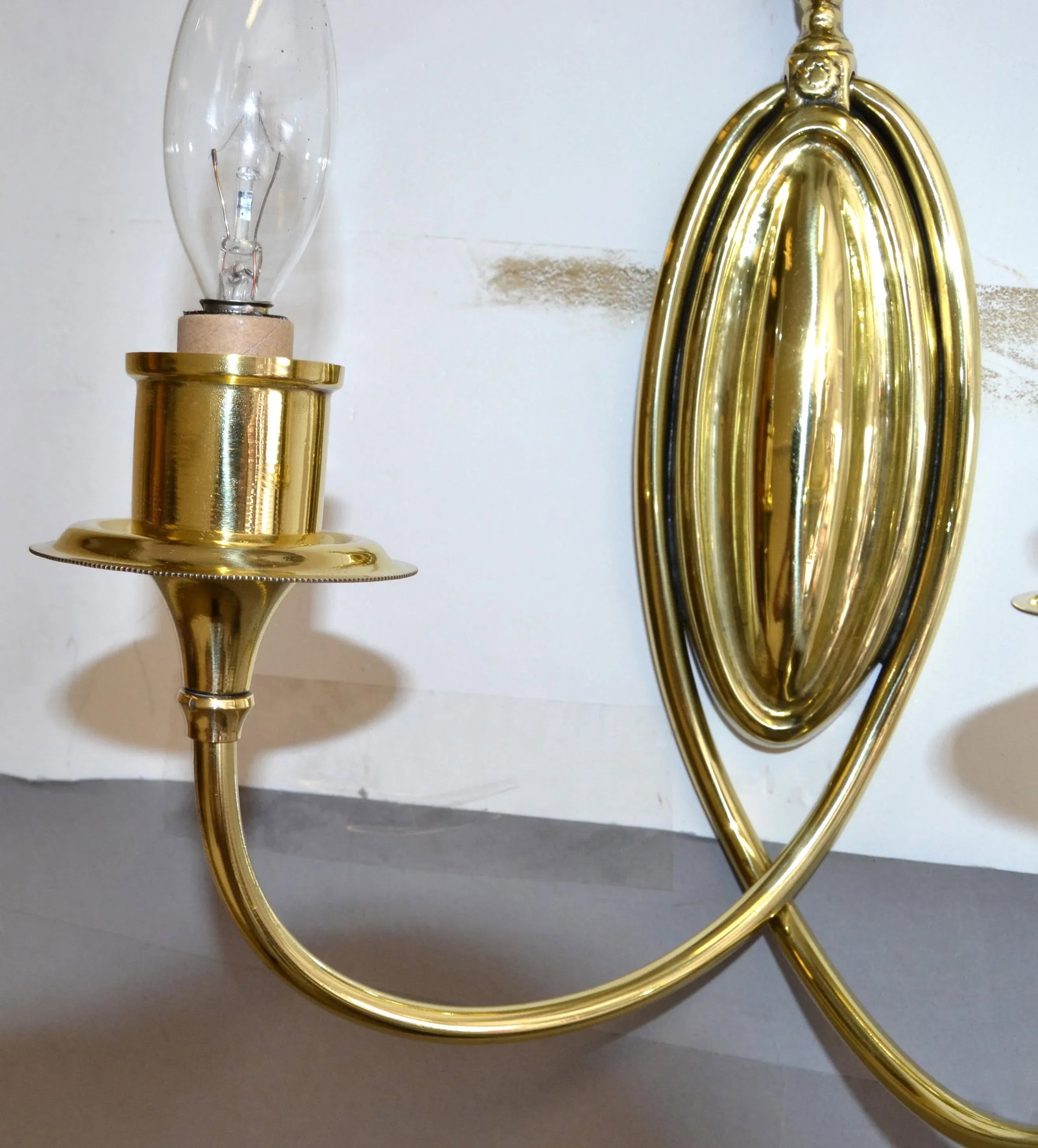 Pair 1950s Art Deco French Polished Brass 2 Light Sconces Wall Lamps Mint Silk Shades - 7