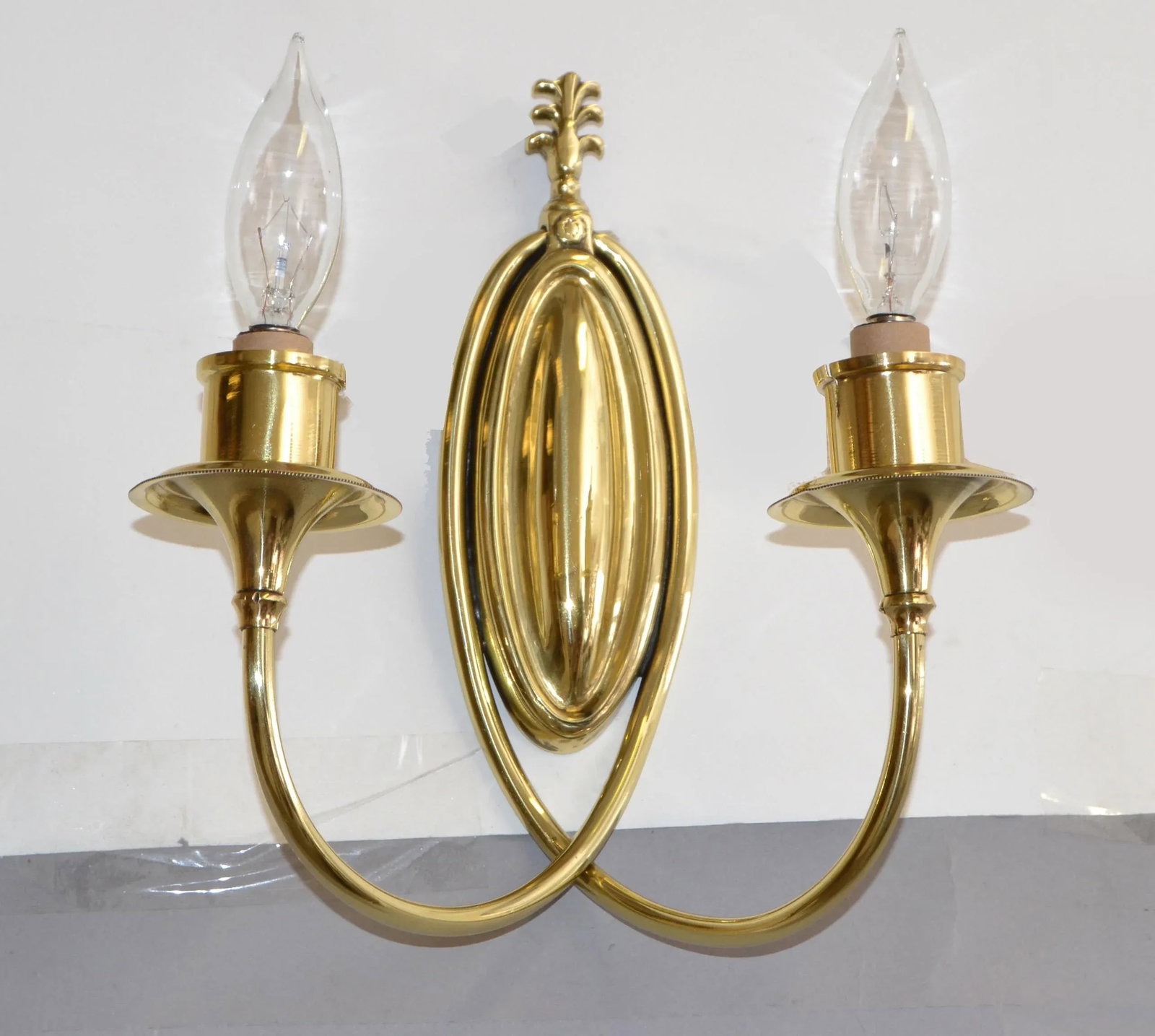 Pair 1950s Art Deco French Polished Brass 2 Light Sconces Wall Lamps Mint Silk Shades - 8