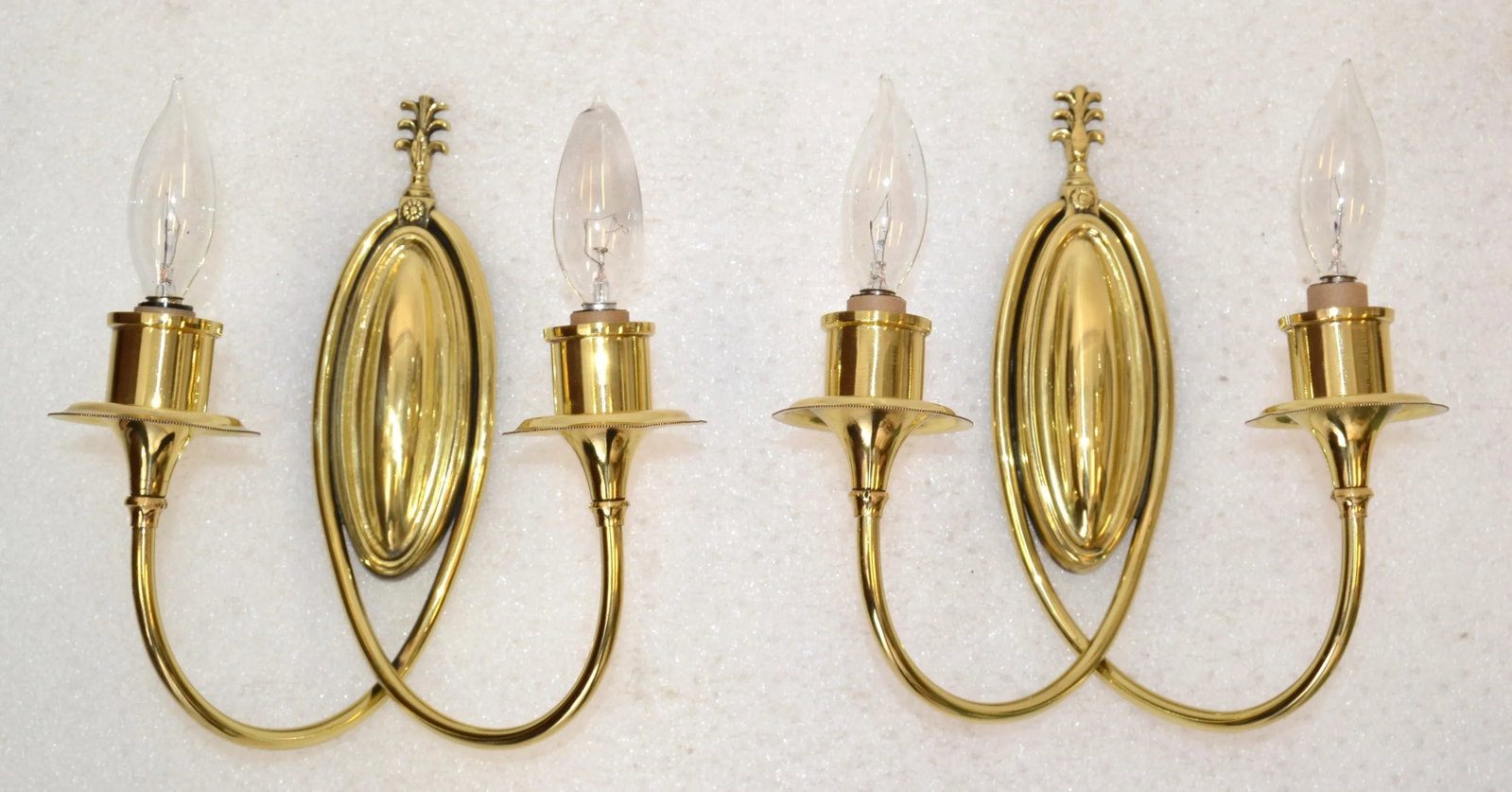 Pair 1950s Art Deco French Polished Brass 2 Light Sconces Wall Lamps Mint Silk Shades - 9