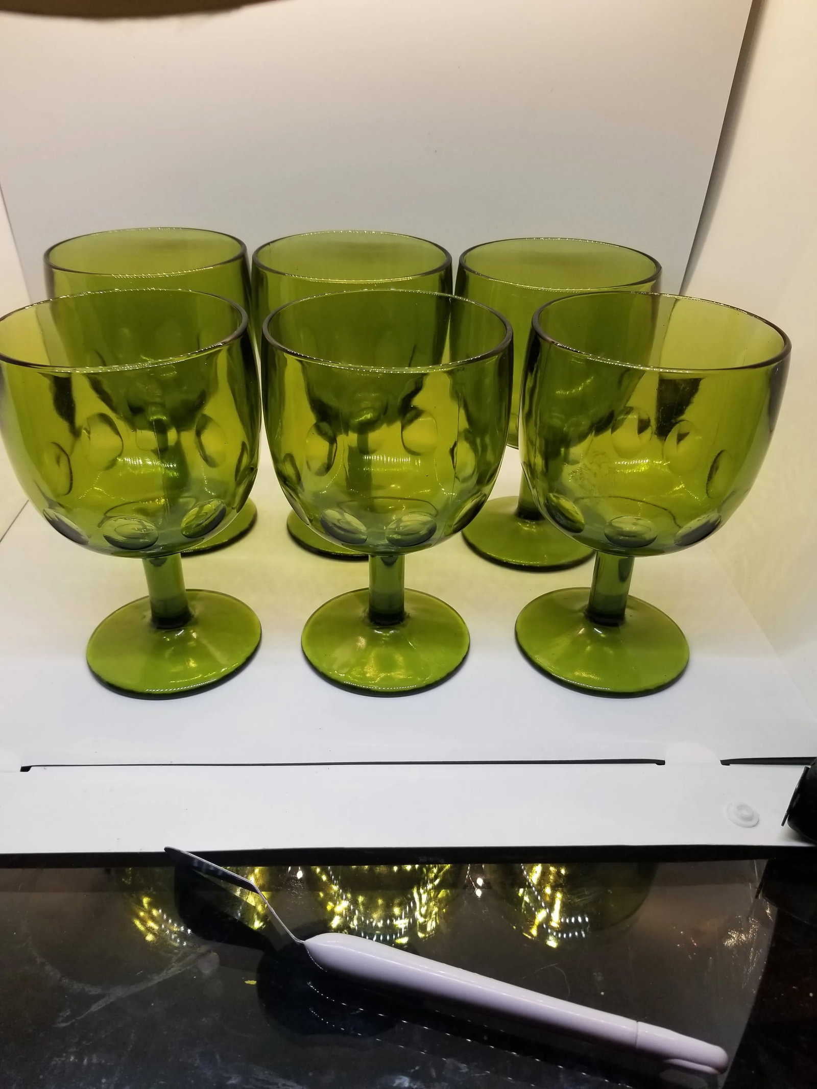 Vintage Bartlett Collins Footed Green Glass Goblets With Thumbprint, Set of Six - 3