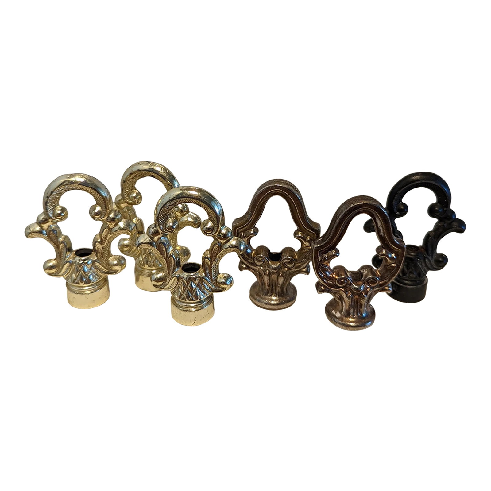 Vintage 80's End Cap Finial Hooks Variety of Finishes - Set of 6: CORRECTION TO SHIPPING TIME, THIS IS SELLER SHIPPING, ARRIVAL TIME IS 4-10 DAYS FROM PURCHASE DATE. Shiny brass tone 3 count, powder black 1 count. Both finishes have the coconut base a 2 more have an