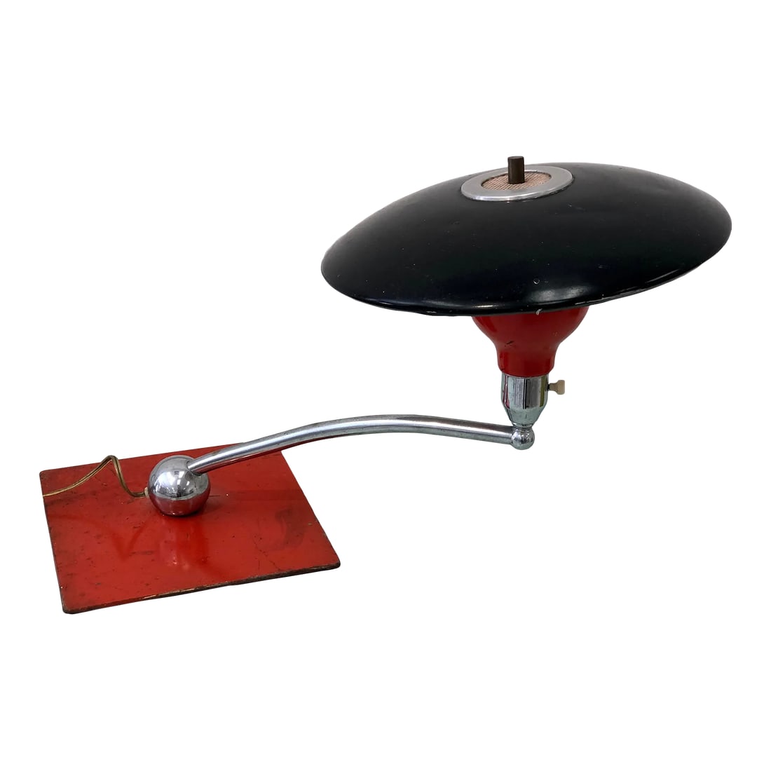 Vintage Mid-Century Space Age Flying Saucer Desk Accent Lamp: Vintage Art Deco saucer desk lamp in red, black and chrome with swivel base. Condition: Imperfections: Some Imperfections Condition Notes: Some scratches consistent with age as pictured Materials