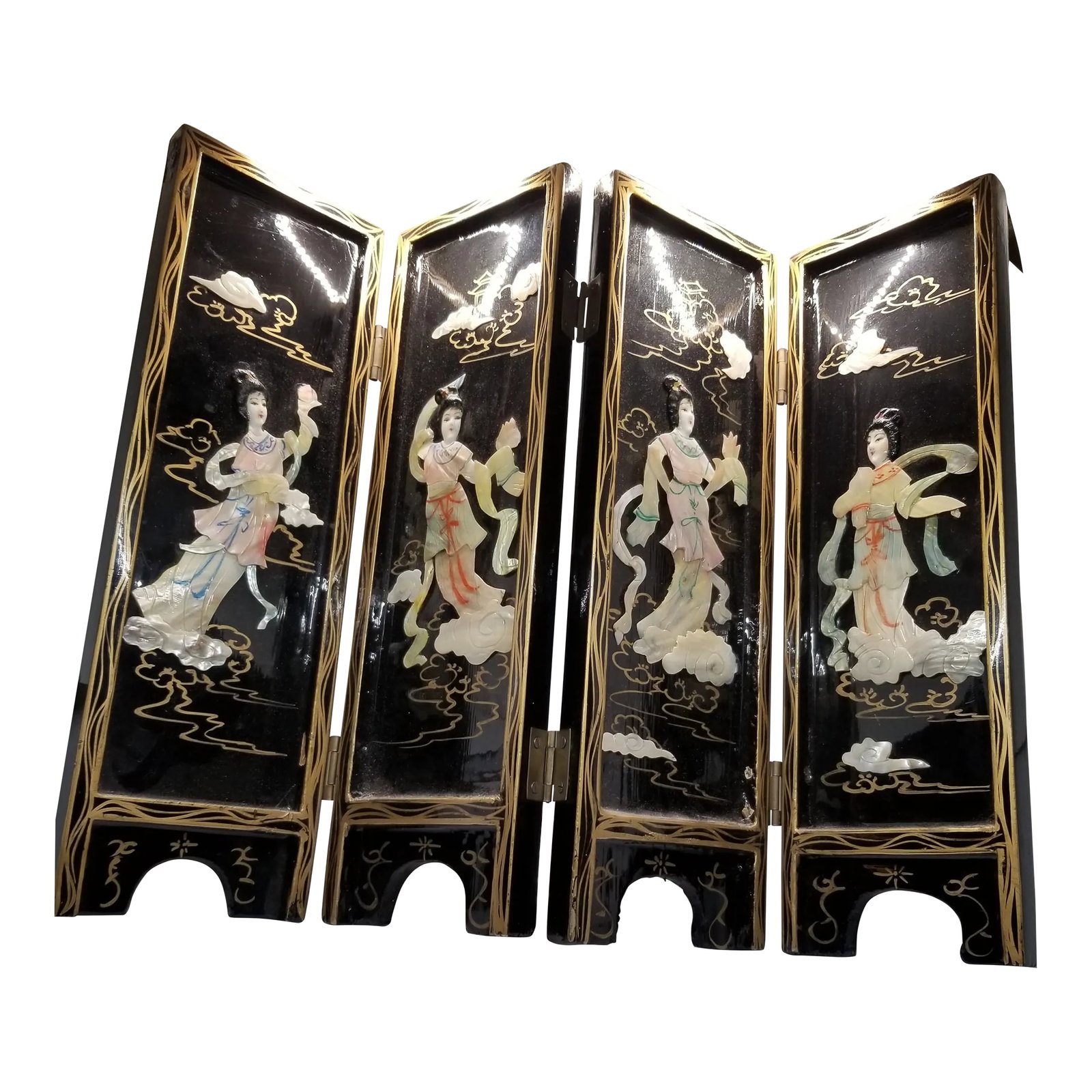 Vintage Four Panel Mother of Pearl Coromandel Lacquered Hand Painted TableTop Divider (1 of 10)