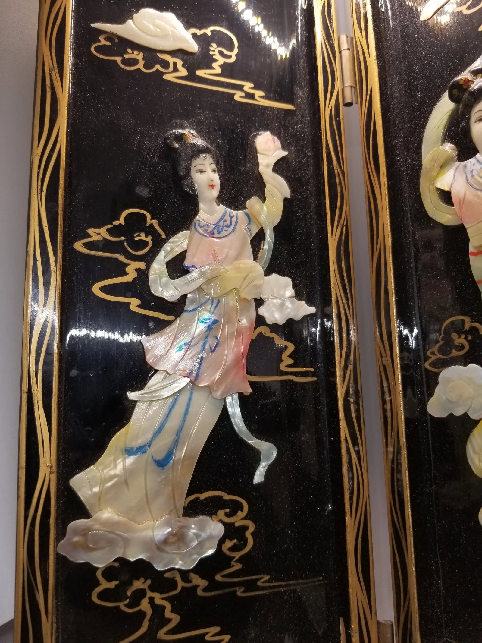 Vintage Four Panel Mother of Pearl Coromandel Lacquered Hand Painted TableTop Divider - 2