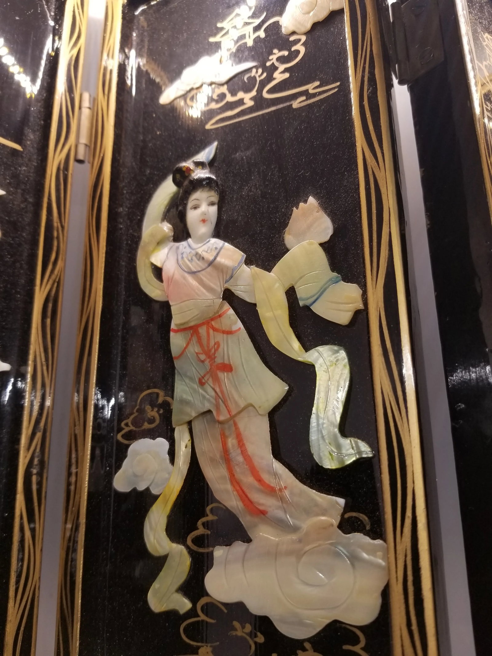 Vintage Four Panel Mother of Pearl Coromandel Lacquered Hand Painted TableTop Divider - 3