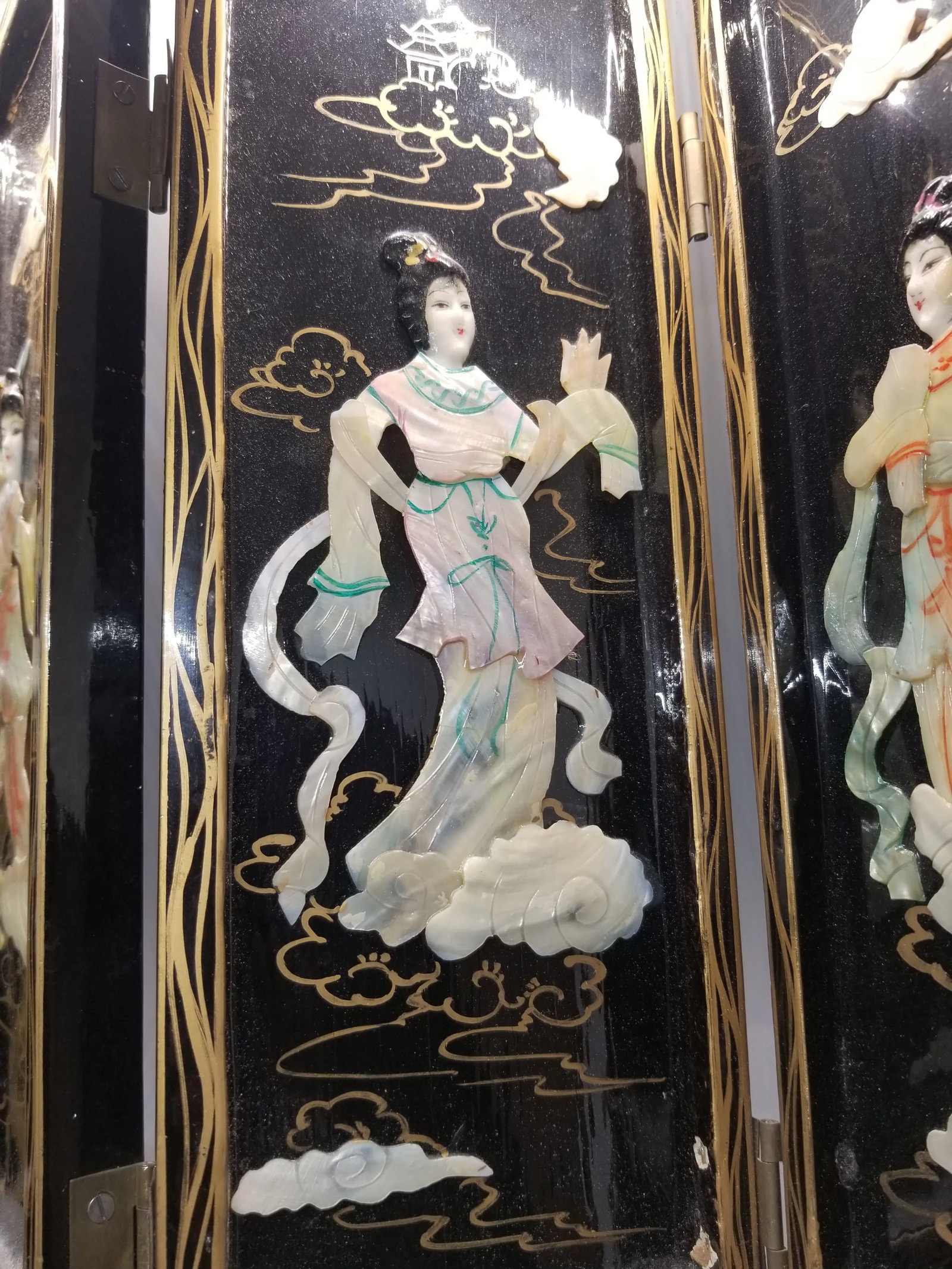 Vintage Four Panel Mother of Pearl Coromandel Lacquered Hand Painted TableTop Divider - 4