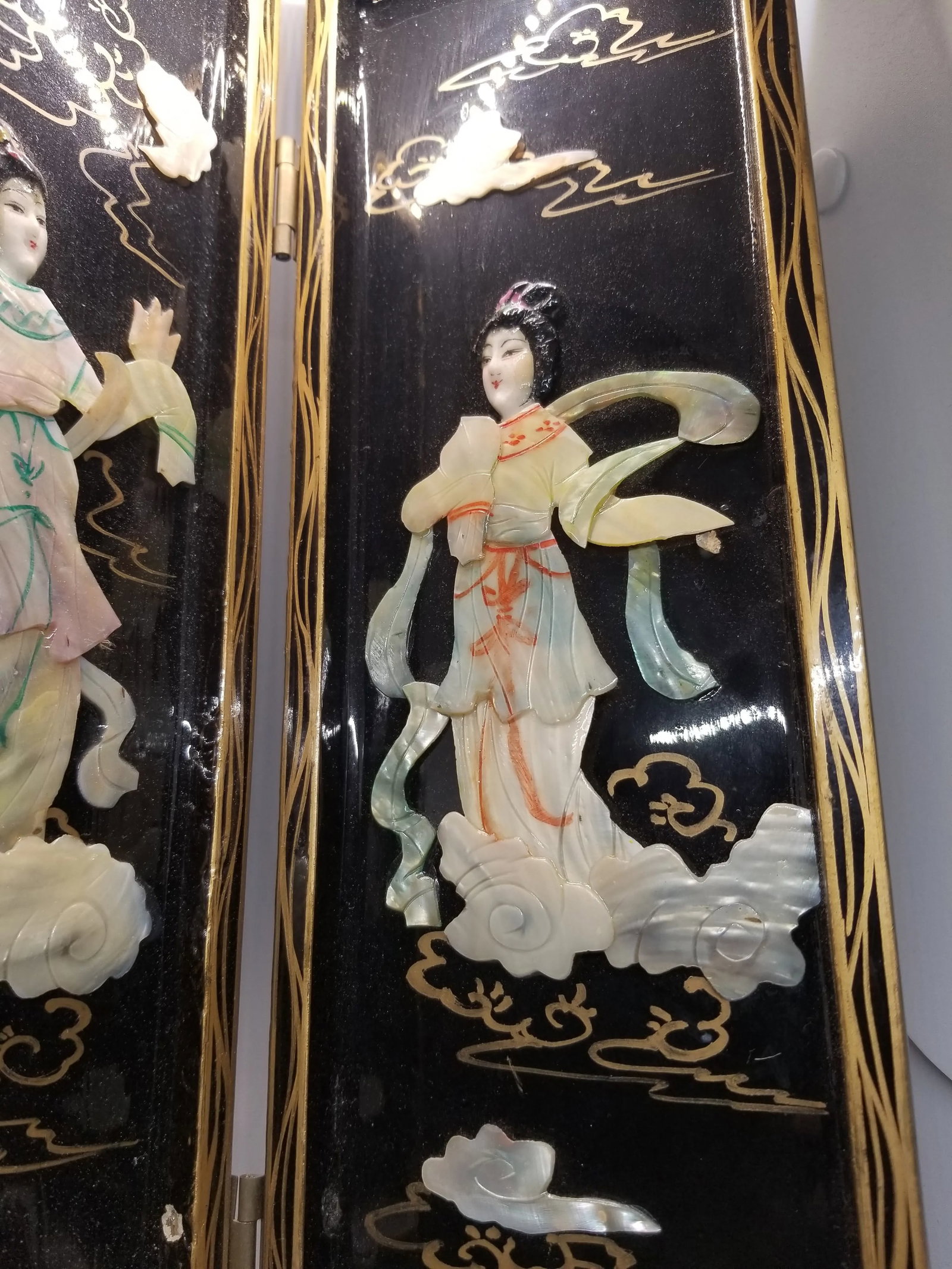 Vintage Four Panel Mother of Pearl Coromandel Lacquered Hand Painted TableTop Divider - 5