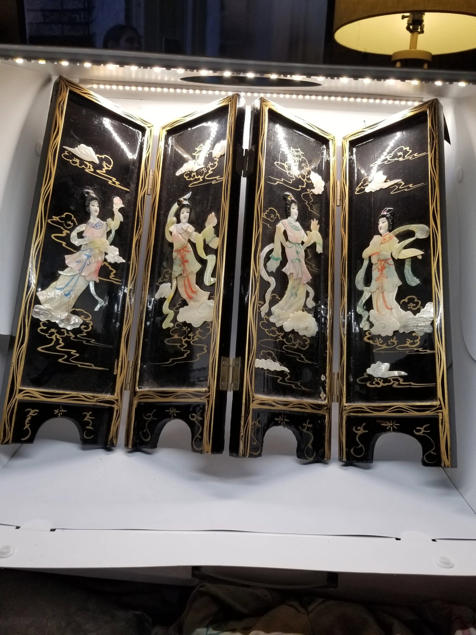 Vintage Four Panel Mother of Pearl Coromandel Lacquered Hand Painted TableTop Divider - 6