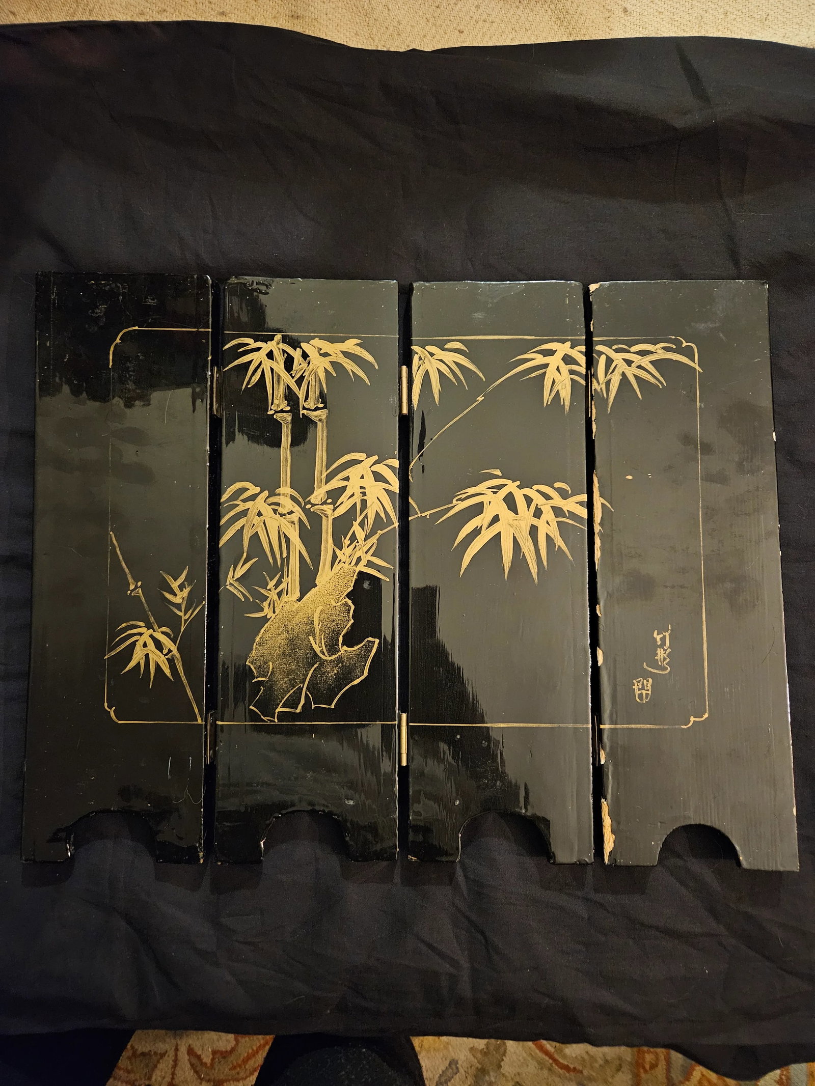 Vintage Four Panel Mother of Pearl Coromandel Lacquered Hand Painted TableTop Divider - 7