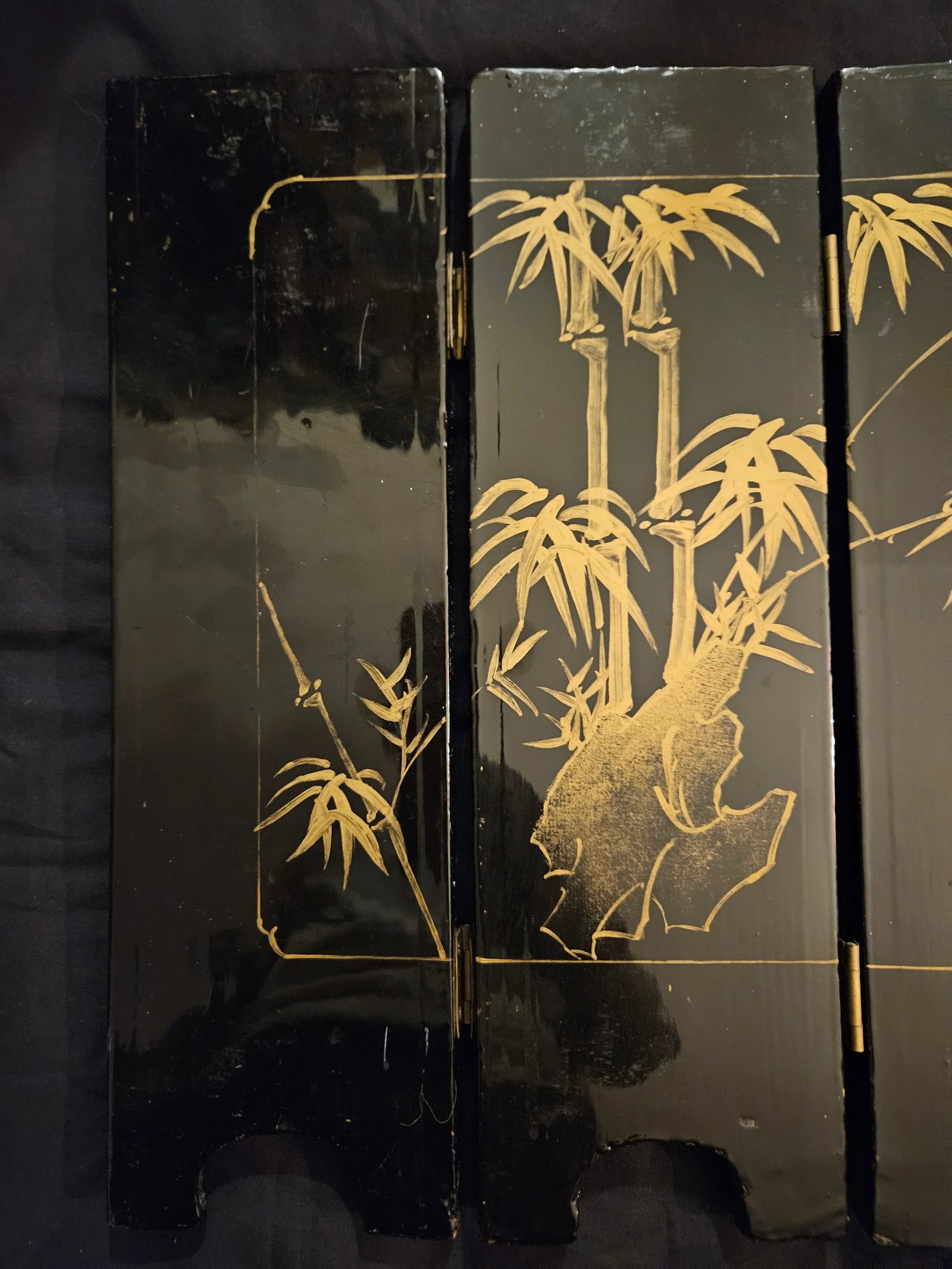 Vintage Four Panel Mother of Pearl Coromandel Lacquered Hand Painted TableTop Divider - 8