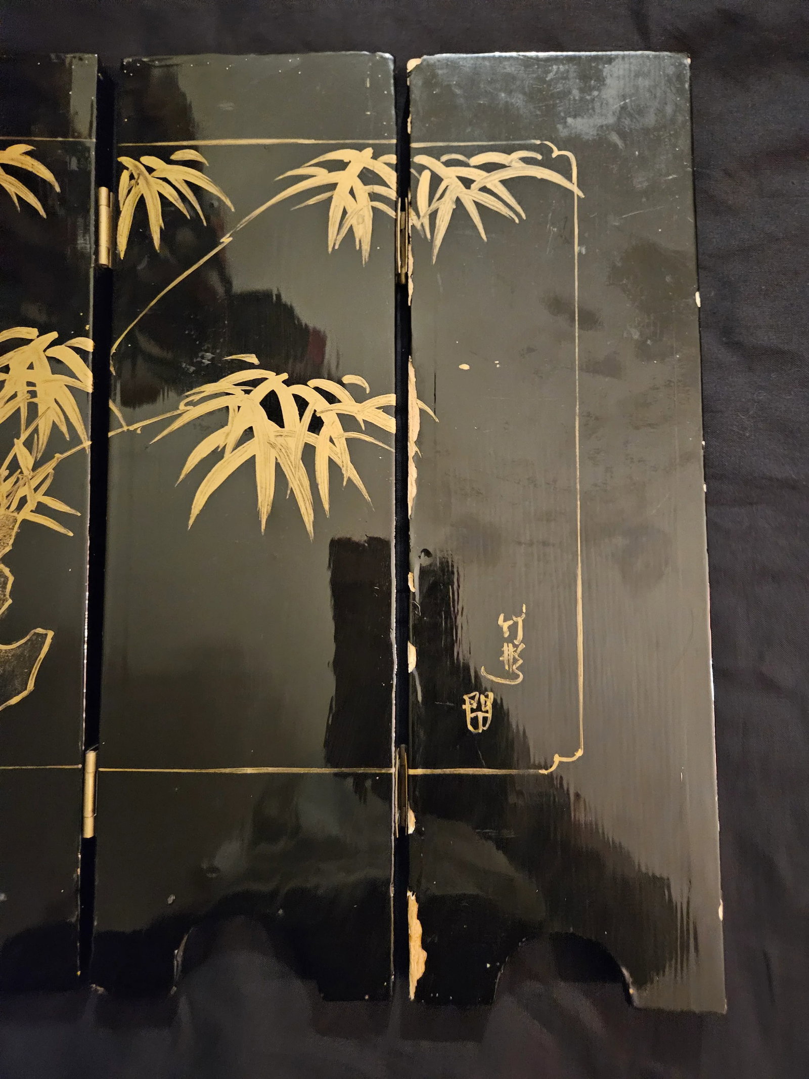 Vintage Four Panel Mother of Pearl Coromandel Lacquered Hand Painted TableTop Divider - 9
