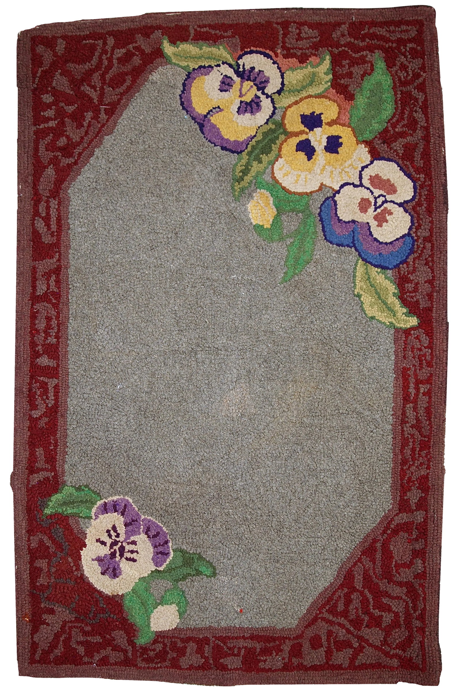 1920s Antique American Hooked Rug - 2' X 3'3": Antique handmade decorative American hooked rug. Beautiful allover design in grey shade decorated with wonderful burgundy border with abstract decoration on it. Flowers are in two corners of the rug.