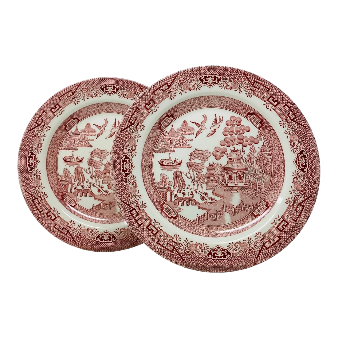 Vintage Willow Rosa Pink Dinner Plates by Churchill Made in England a Set of 2: Vintage Willow Rosa Pink Dinner Plates by Churchill Made in England a Set of 2. Landscape scene features birds, trees, and pagodas. No chips, scratches, or cut marks. Condition: Alterations: Original