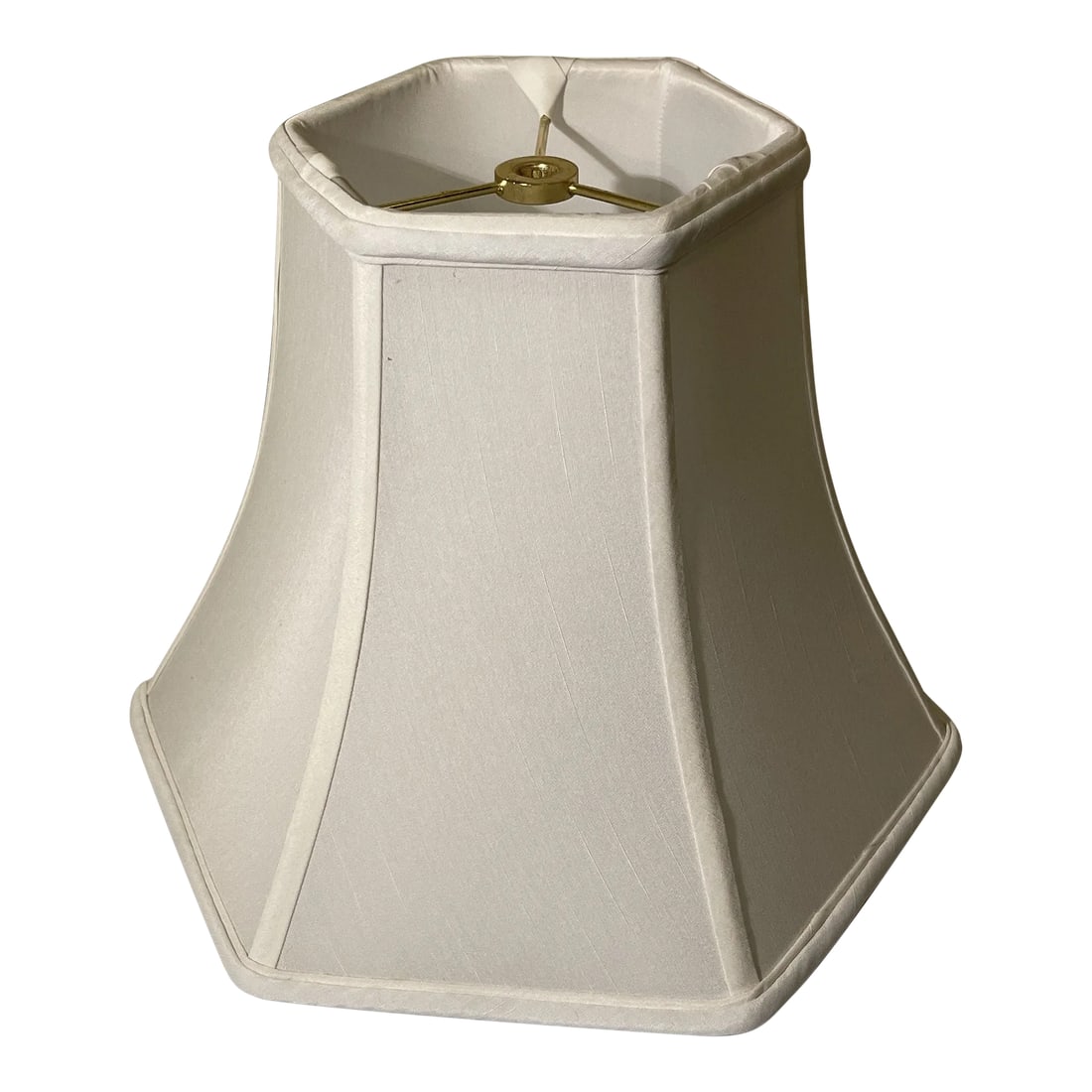 Hexagonal Lamp Shade: Hexagonal six sided lamp shade made of eggshell or off white color tissue shantung material with self folded trim top & bottom. They are lined in white color satin material. Condition: Alterations: