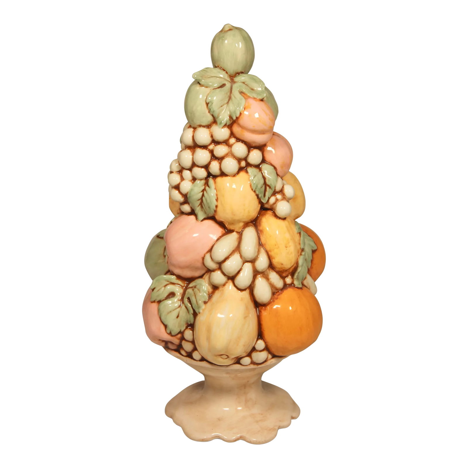Tall Vintage Italian Style Ceramic Fruit Topiary: A lovely, large vintage ceramic fruit topiary, signed and dated on the underside '64. This is such a stunning piece with beautiful pastel colors. 17.25 inches tall Condition: Alterations: Original Con