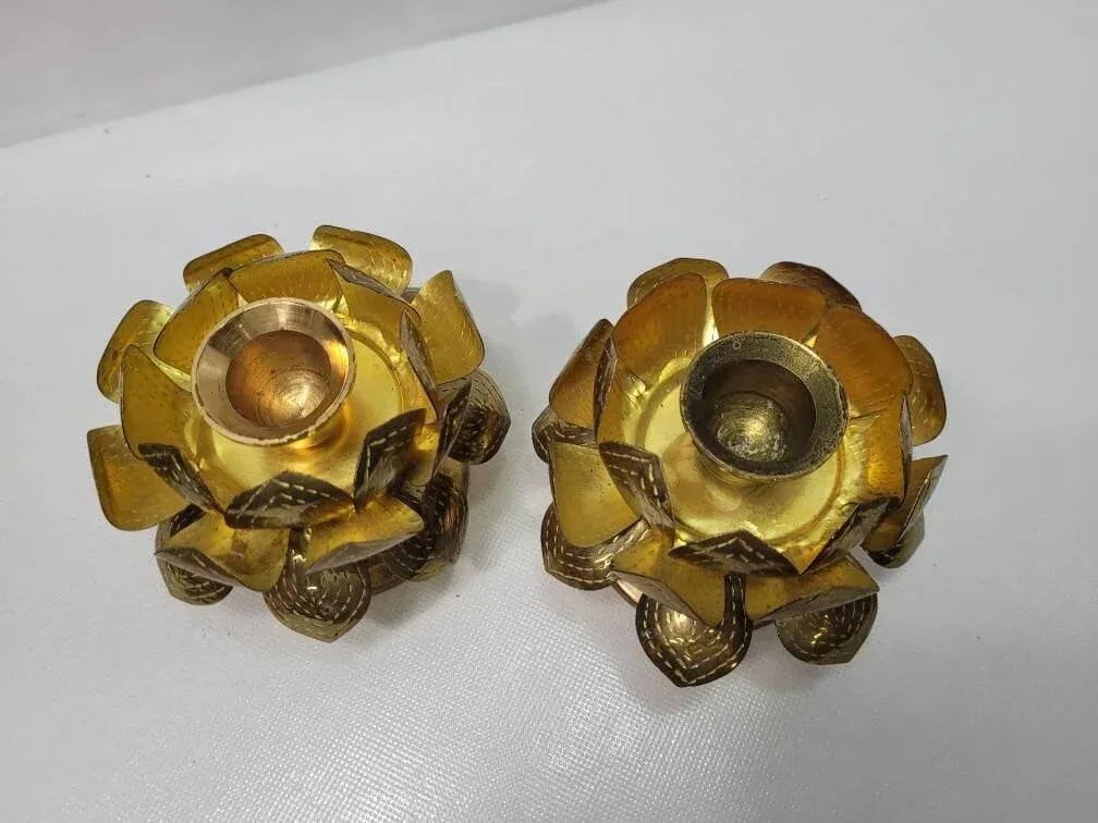 Mid Century Lotus Brass Candle Holders - a Pair - 10