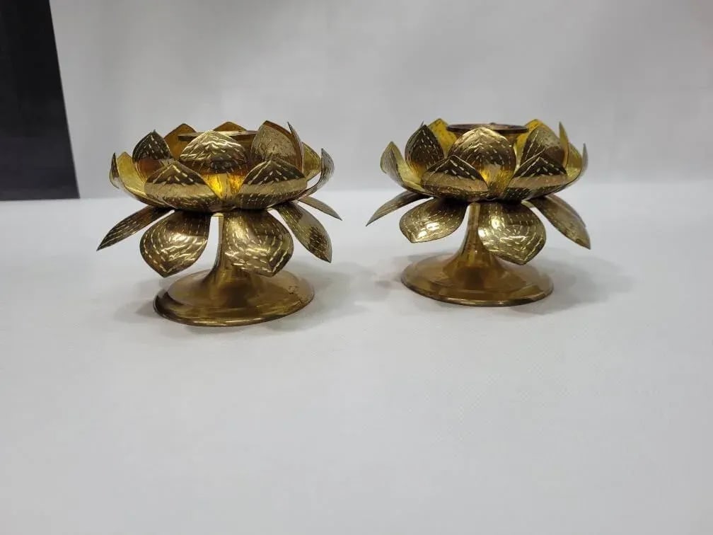Mid Century Lotus Brass Candle Holders - a Pair - 3