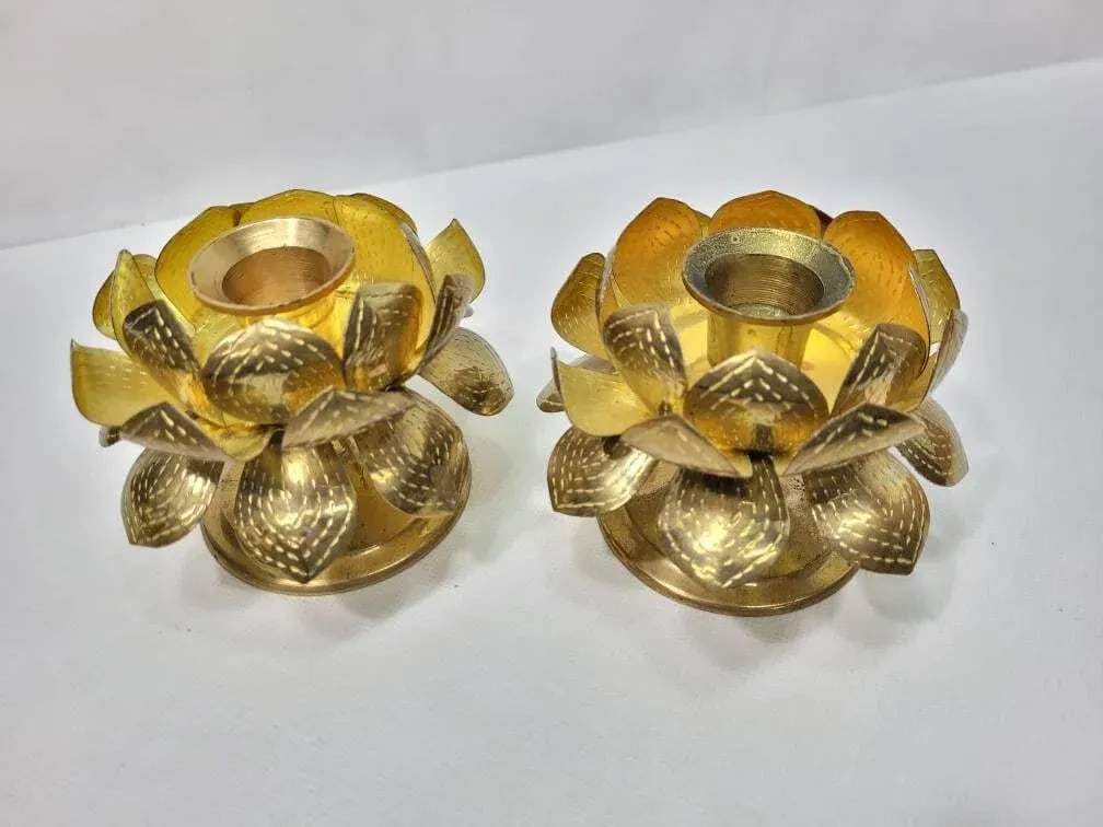 Mid Century Lotus Brass Candle Holders - a Pair - 4