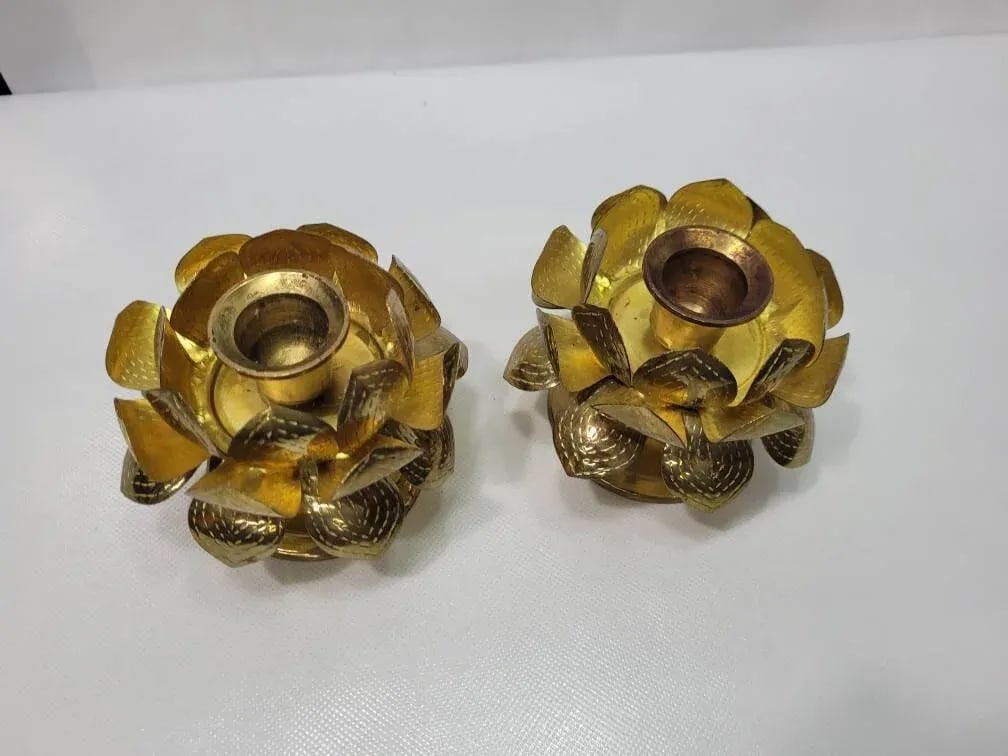 Mid Century Lotus Brass Candle Holders - a Pair - 5
