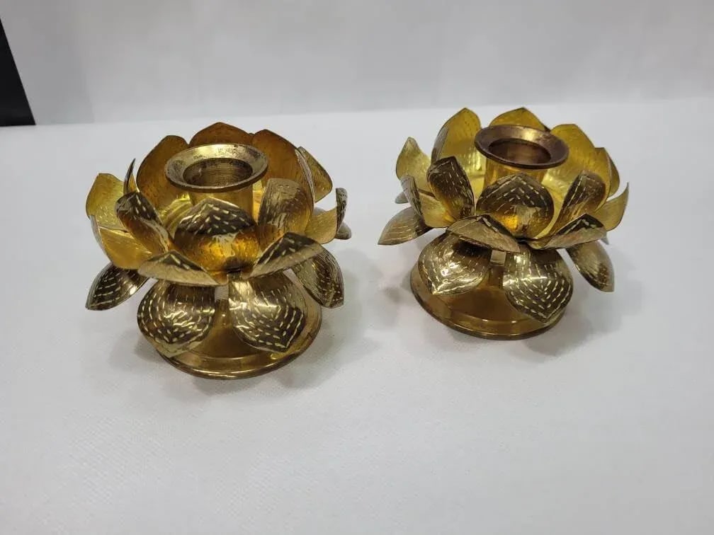 Mid Century Lotus Brass Candle Holders - a Pair - 6