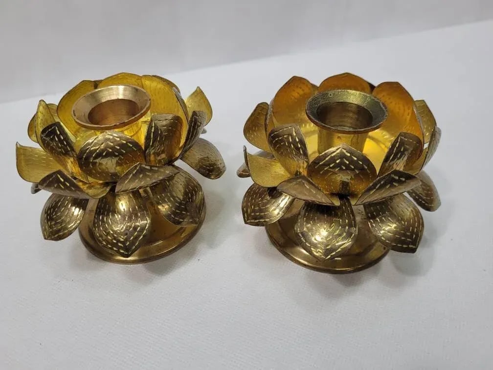 Mid Century Lotus Brass Candle Holders - a Pair - 7