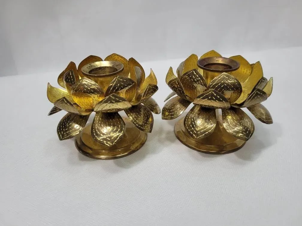 Mid Century Lotus Brass Candle Holders - a Pair - 8