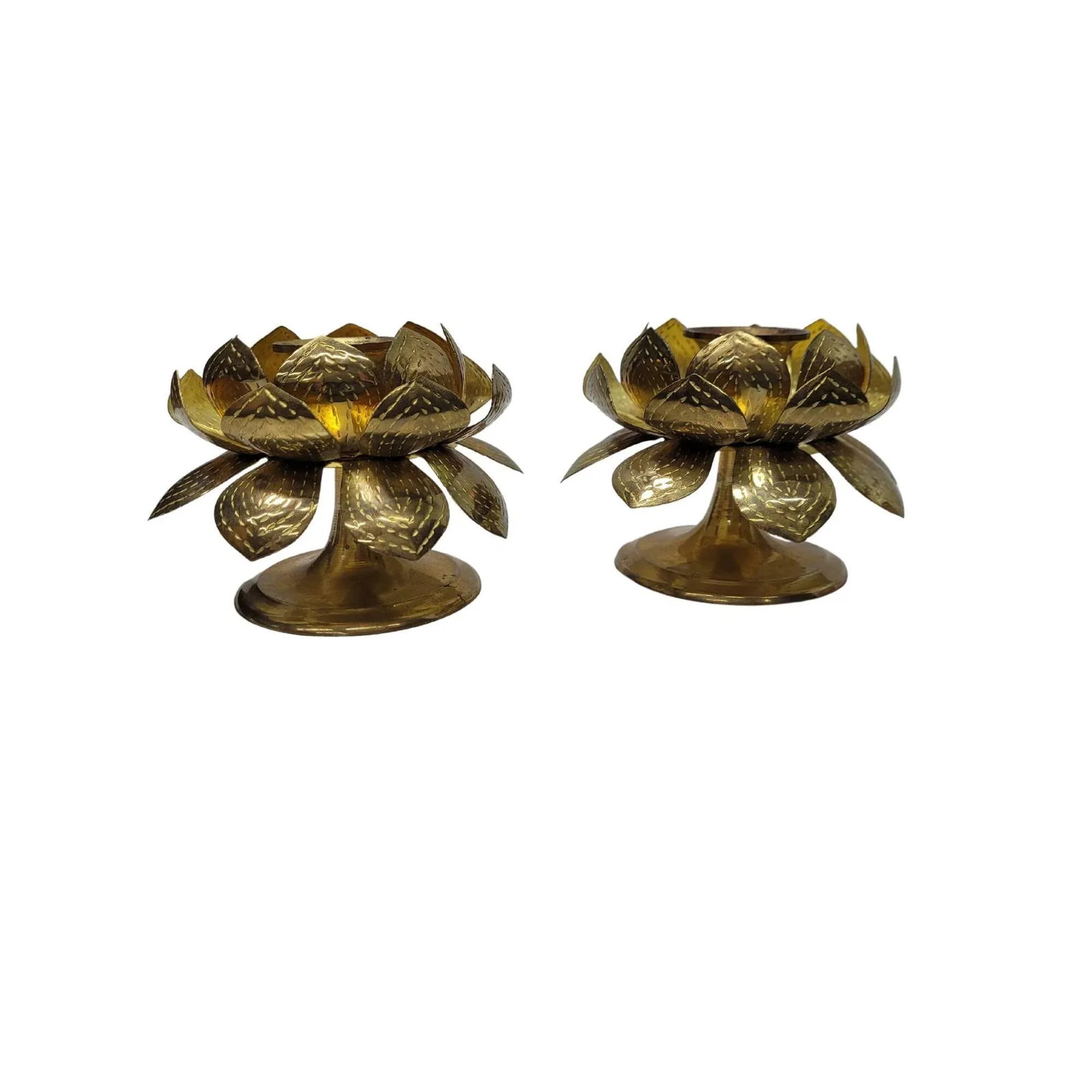 Mid Century Lotus Brass Candle Holders - a Pair - 9