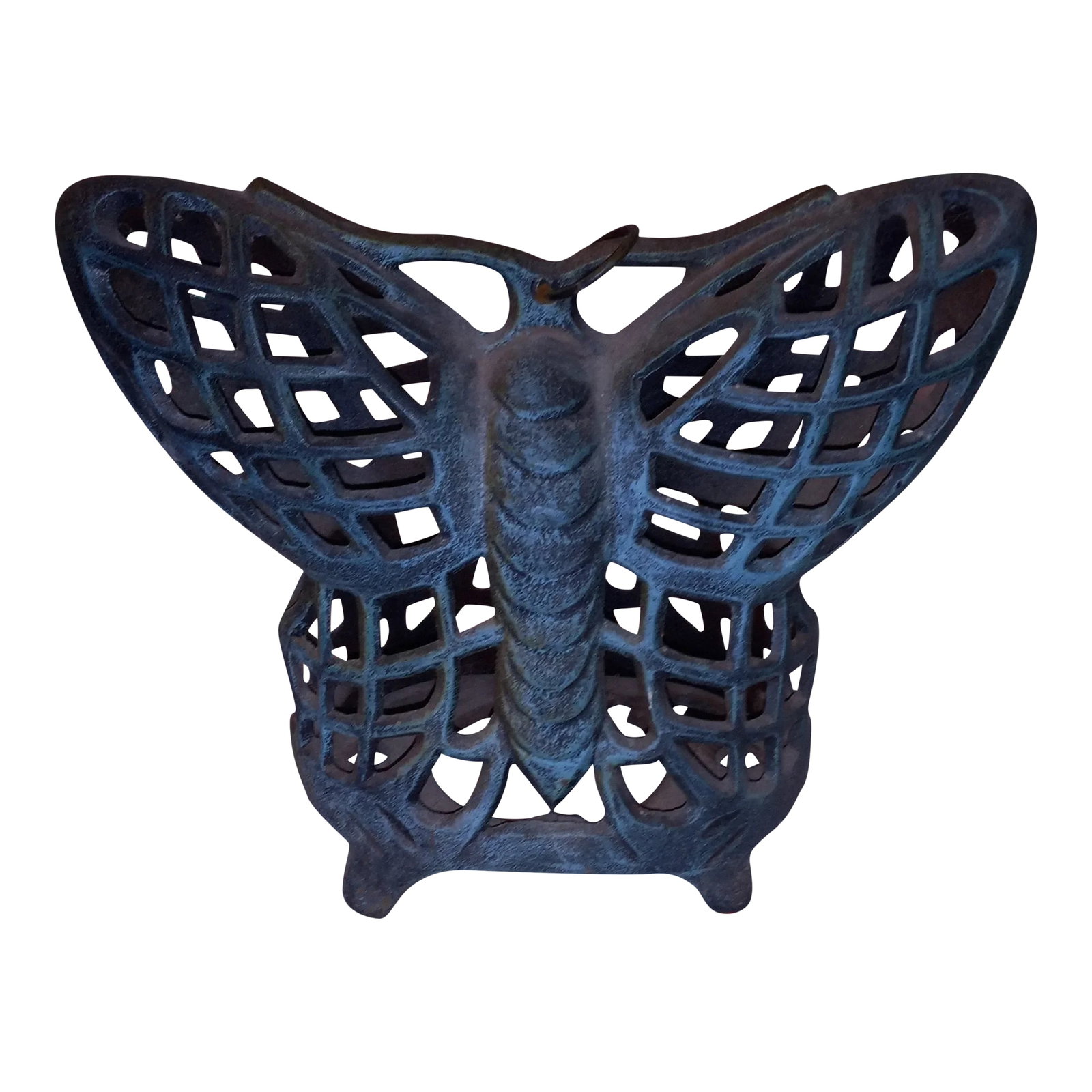1990s Wrought Iron Butterfly Sculpture: This is a beautiful very heavy piece of sculpture made of wrought iron in the shape of a butterfly offered by Antoinette. It could possibly be used with a candle although I don't think it was meant fo