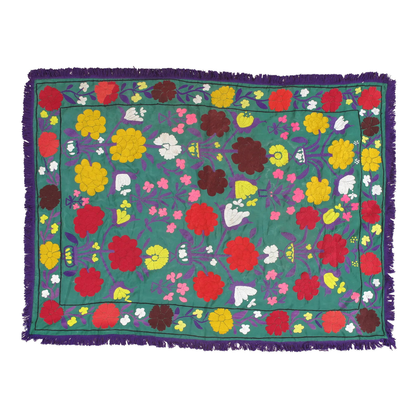 Late 20th Century Late 20th Century Suzani Style Textile, Red, Yellow, Floral: Finely woven cotton-ground Vintage Suzani with hand-embroidery. Fine floral design. This Suzani embroidery has the most noticeable, soporific color pallet. Very fine, 20th century Suzani textile. With