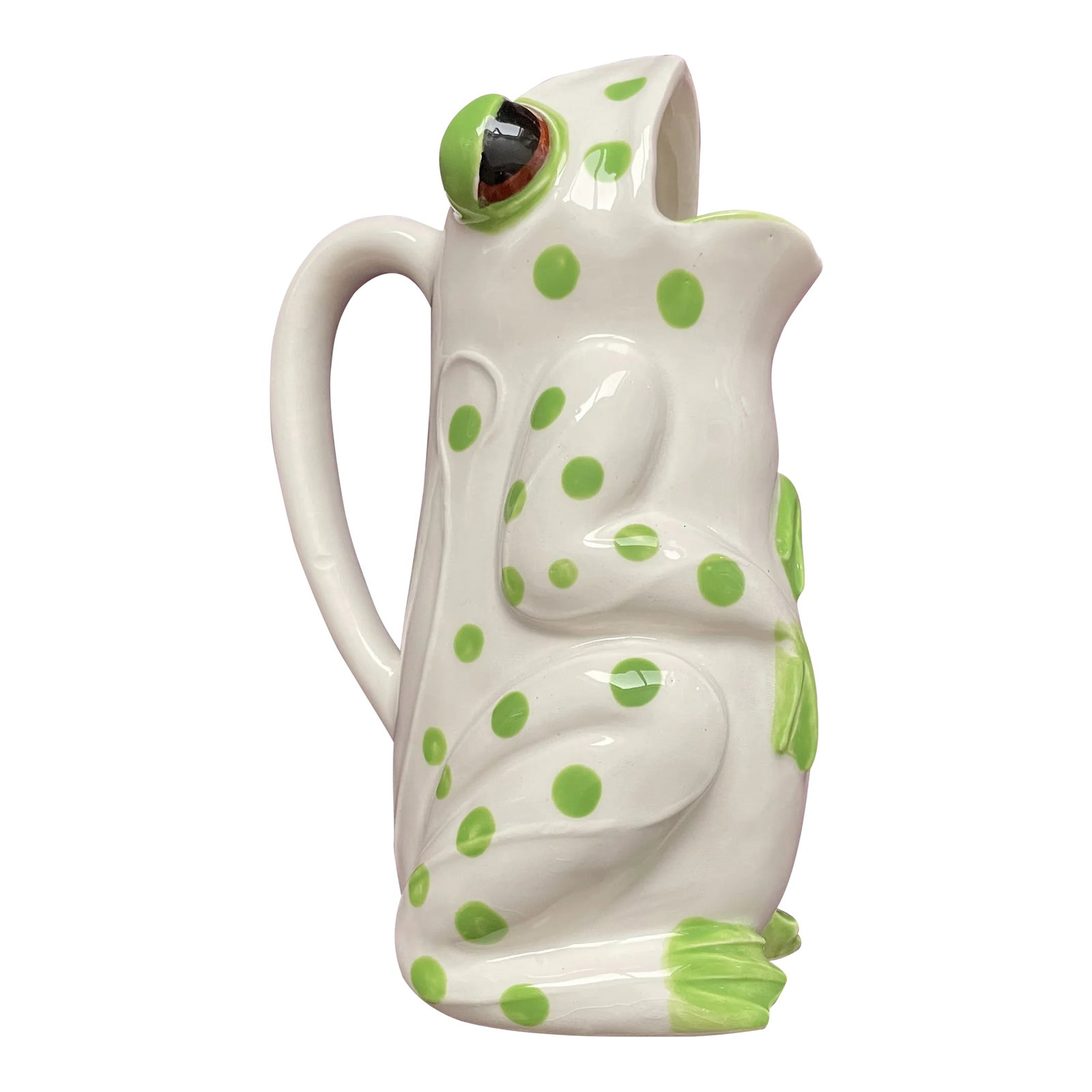 Vintage Frog Pitcher: This adorable pitcher is in the form of a sleepy frog with polka dots. Manufactured by Schmid Design Condition: Alterations: Original Condition Unaltered Imperfections: Some Imperfections Condition