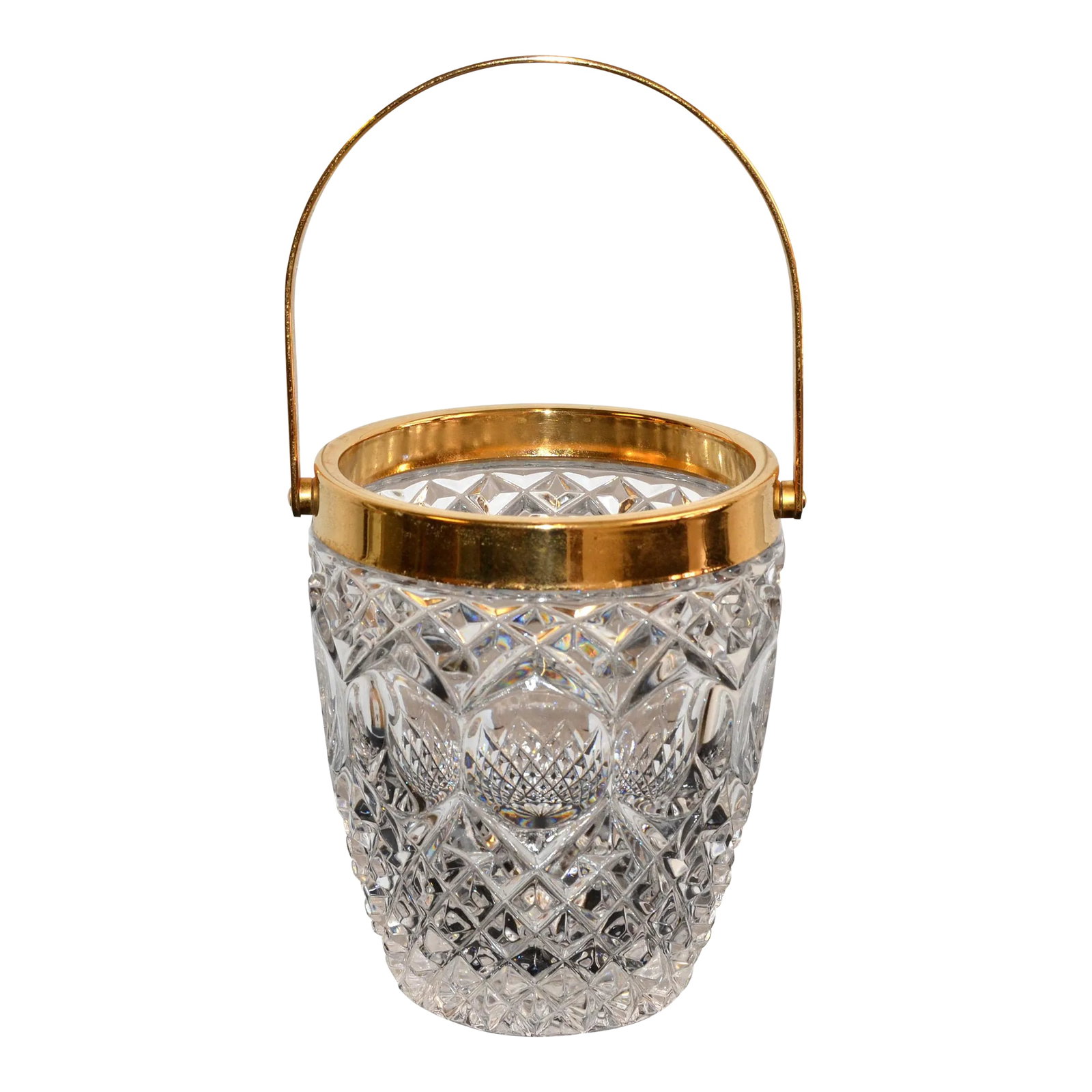 Late 1970s W M F Crystal Brass Ice Bucket Germany Art Deco Style Barware: Art Deco Style heavy small Ice Bucket in Lead Crystal with Brass Decor. Note the detail in the Cut Glass patterns, stunning all around. Marked at the Brass Handle: WMF, EP Brass, Germany. The right si