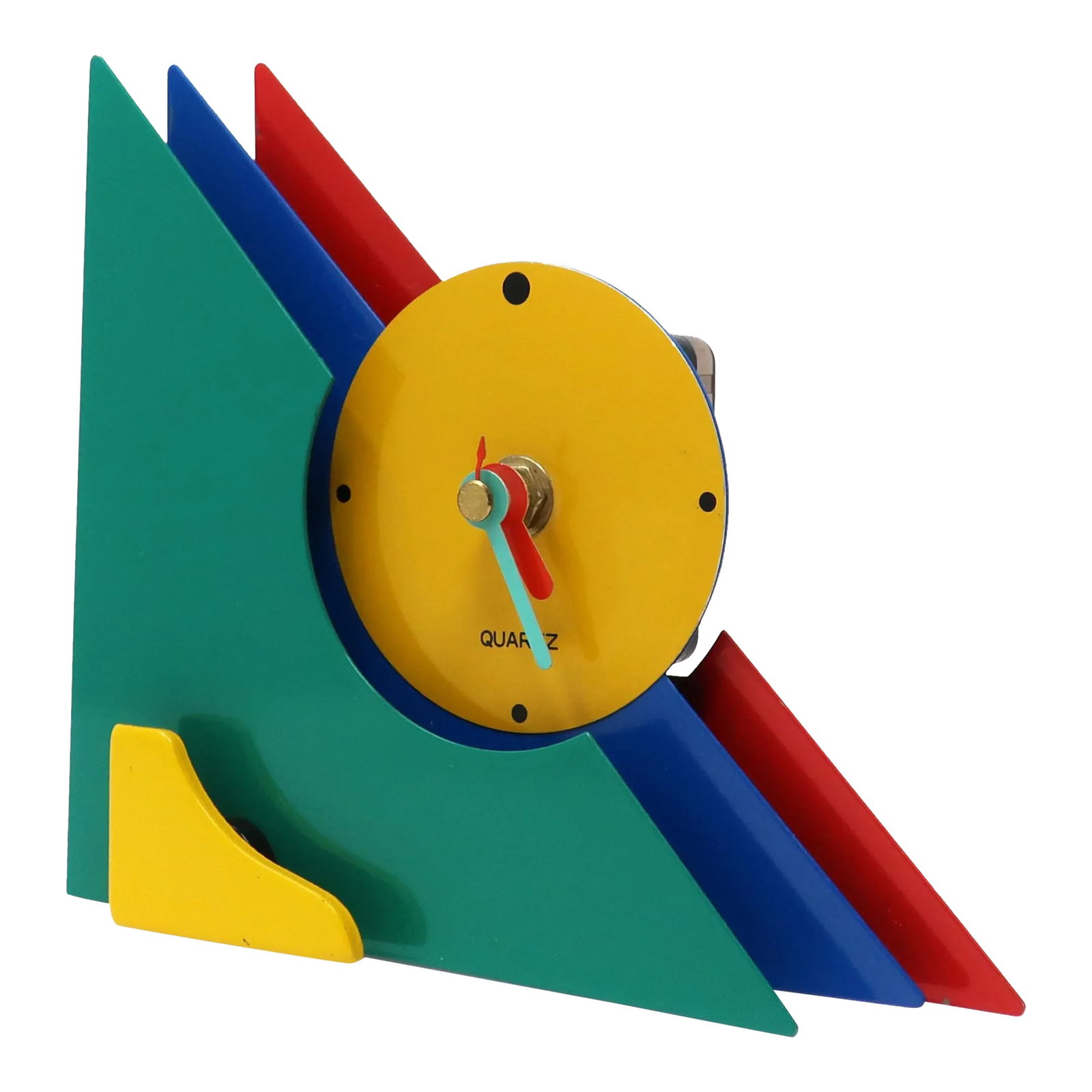 1980s Multicolor Stacked Desk or Mantel Clock: With a stunning combination of red, blue, green, and yellow enameled metal, and yellow lucite accents, this postmodern clock is designed with a stacked triangular design that gives it a rare and