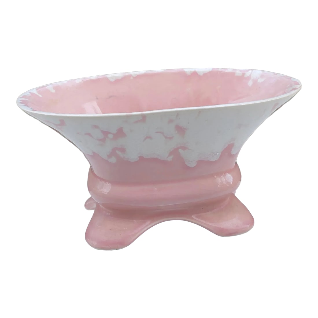 McCoy Brush Pink and White Footed Planter: Vintage Brush by McCoy planter in a pink and white glaze. Two tiny chips along the rim, otherwise in very good shape. Signed Brush on base. Condition: Alterations: Original Condition Unaltered