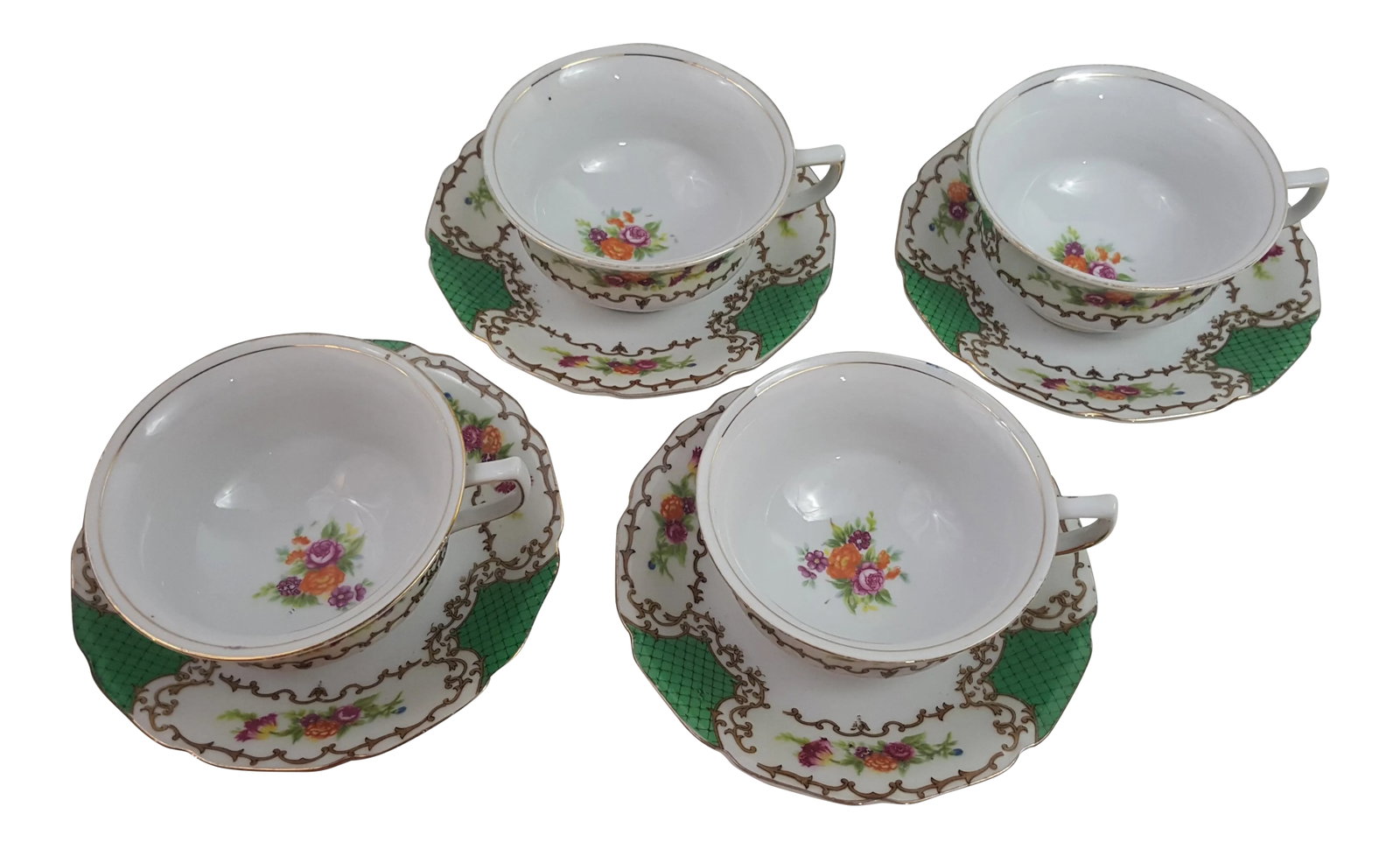 Emerald Green Floral and Lattice Tashiro Shoten Ltd, Nagoya Cup & Saucer - 4 Sets: Emerald Green Cups and saucers 4 Sets included. This is a wonderful prewar set. The Tashiro Shoten is of a rarer line and closed in 1953. The detail in the pattern of this china is timeless and