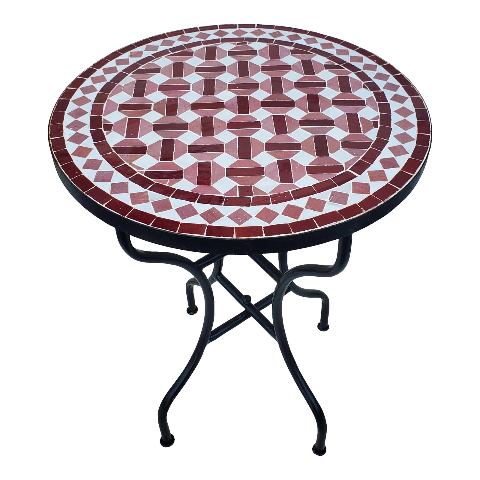 24" Tri Color Moroccan Mosaic Table: 100 % glazed round. Moroccan mosaic table measuring approximately 24" in diameter, with white and 2 shades of red tiles. For both indoors and outdoors. Great as a cocktail table. Vibrant color.