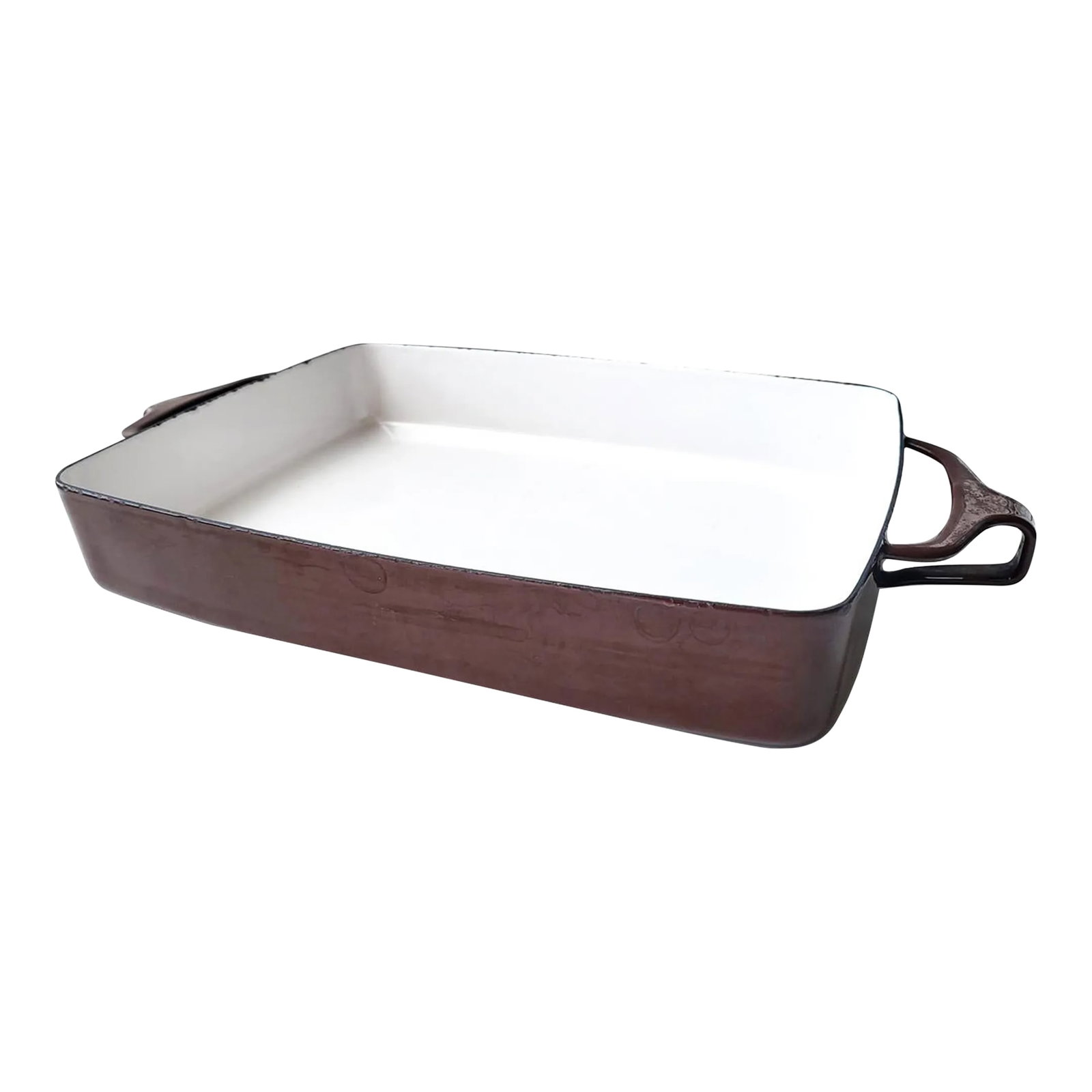 1960s Dansk Kobenstyle Roasting or Casserole Pan, Enamel on Steel, Made in France: The Dansk Kobenstyle line was made in France in the 1950s and 1960s, with a sunny array of colors of enamel on stainless steel. Unlike the heavier cast iron pots and pans, this one is sturdy without b