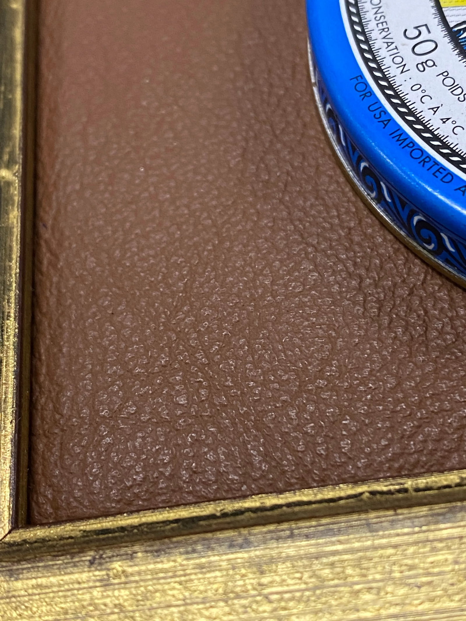 Mounted Caviar Tin on Leather Framed in Vintage Gilt Wood Frame - 2
