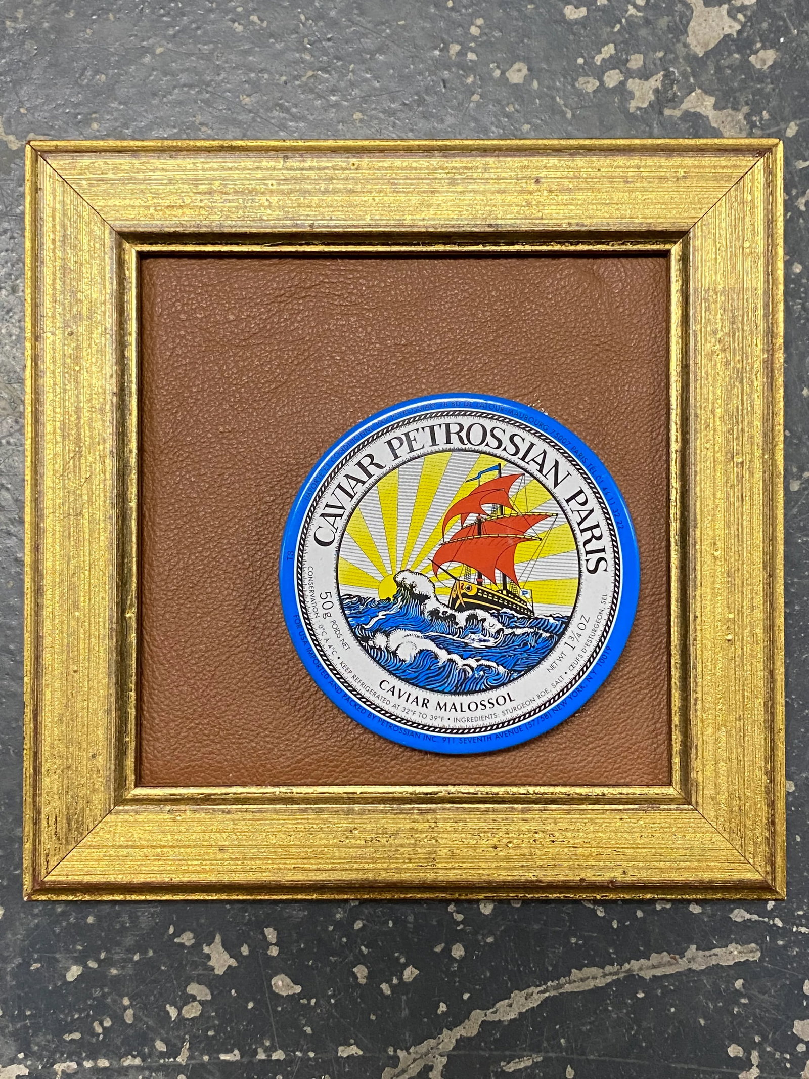 Mounted Caviar Tin on Leather Framed in Vintage Gilt Wood Frame - 4