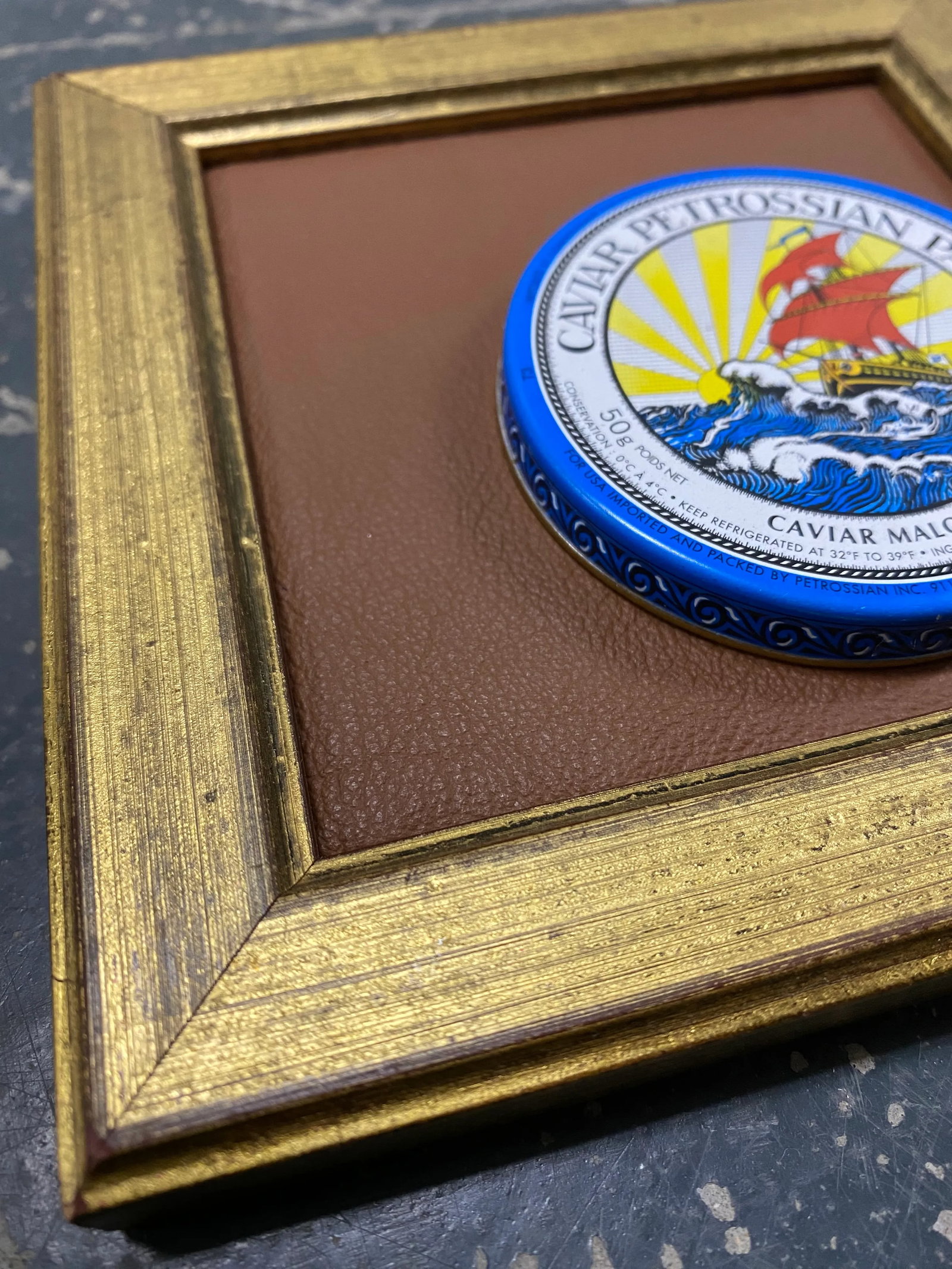Mounted Caviar Tin on Leather Framed in Vintage Gilt Wood Frame - 5