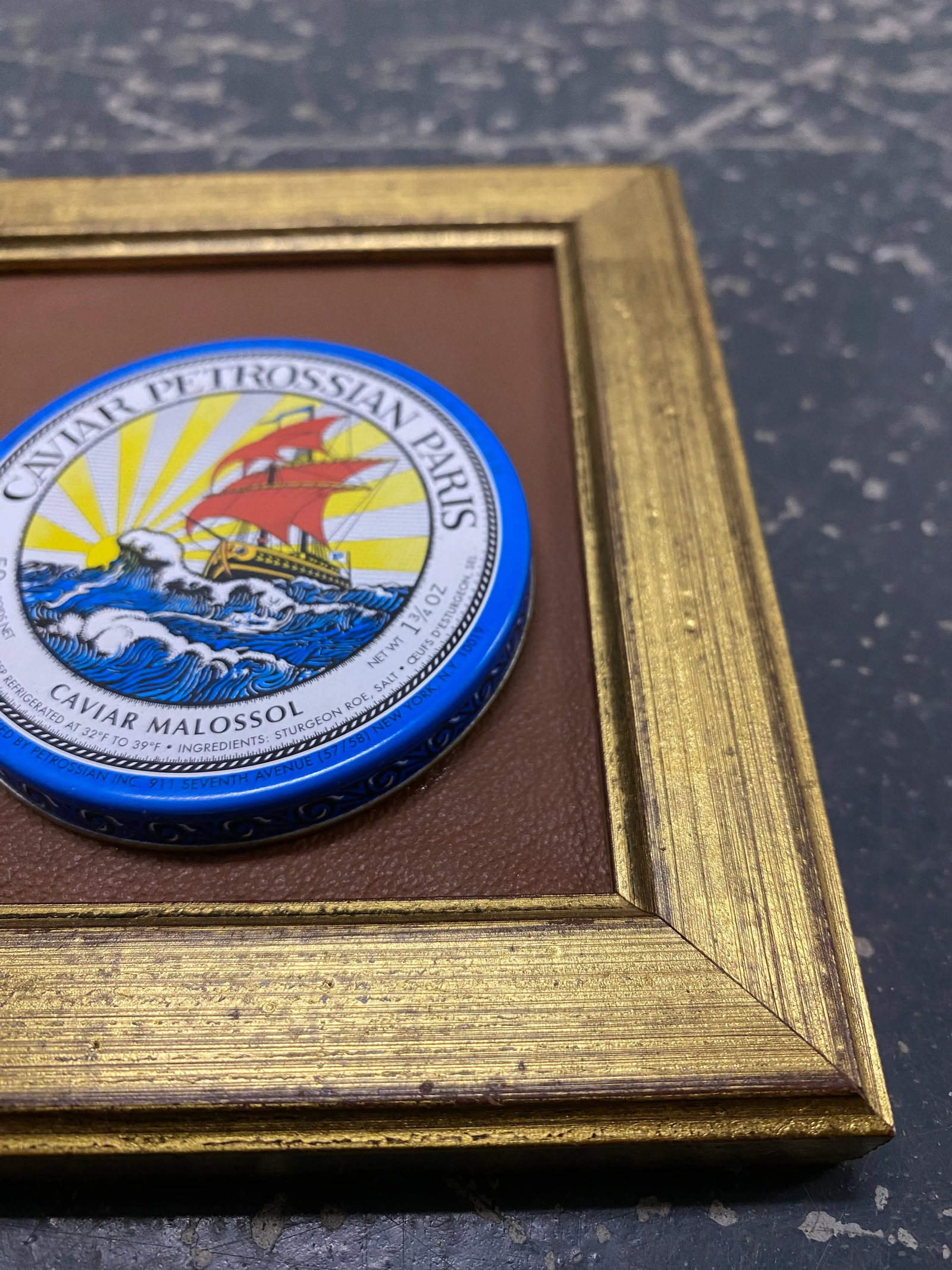 Mounted Caviar Tin on Leather Framed in Vintage Gilt Wood Frame - 6
