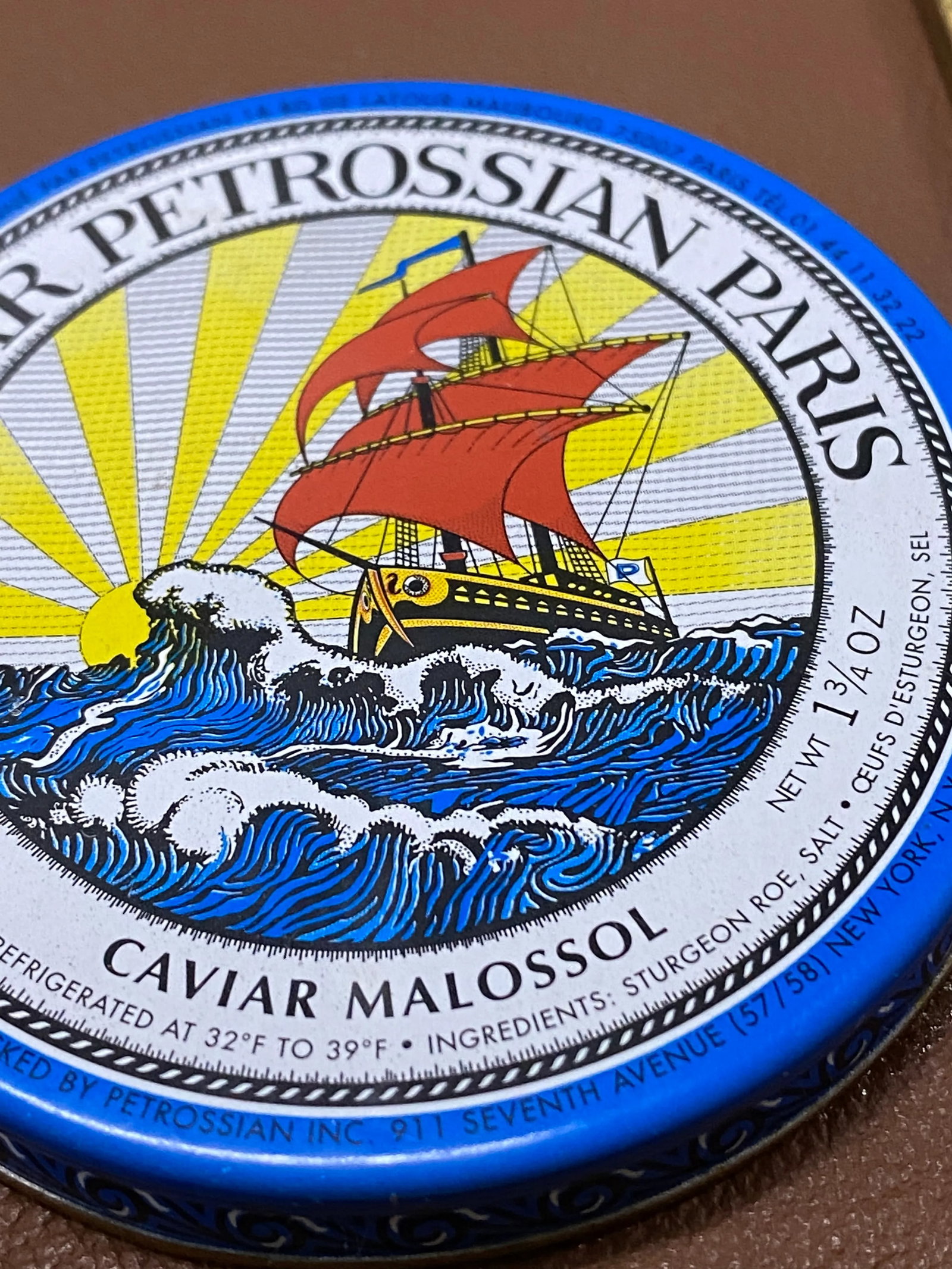 Mounted Caviar Tin on Leather Framed in Vintage Gilt Wood Frame - 7