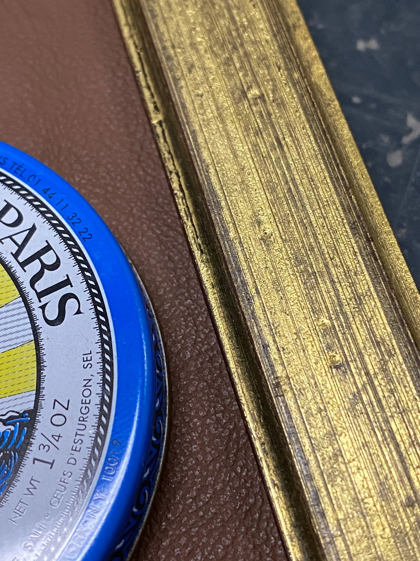 Mounted Caviar Tin on Leather Framed in Vintage Gilt Wood Frame - 8