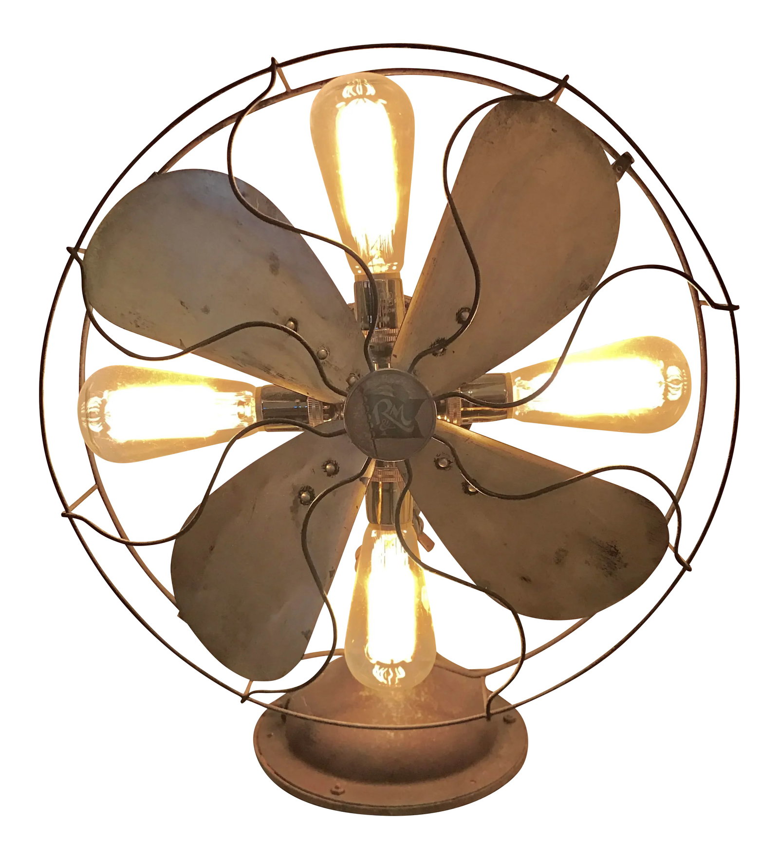 Repurposed Antique Fan Table Lamp: Offered is a stunning, industrial Antique fan from Robbins & Myers, Springfield, Ohio, that has been transformed into a table lamp. Properly wired to modern perfection, bronze metal fan with brass fan