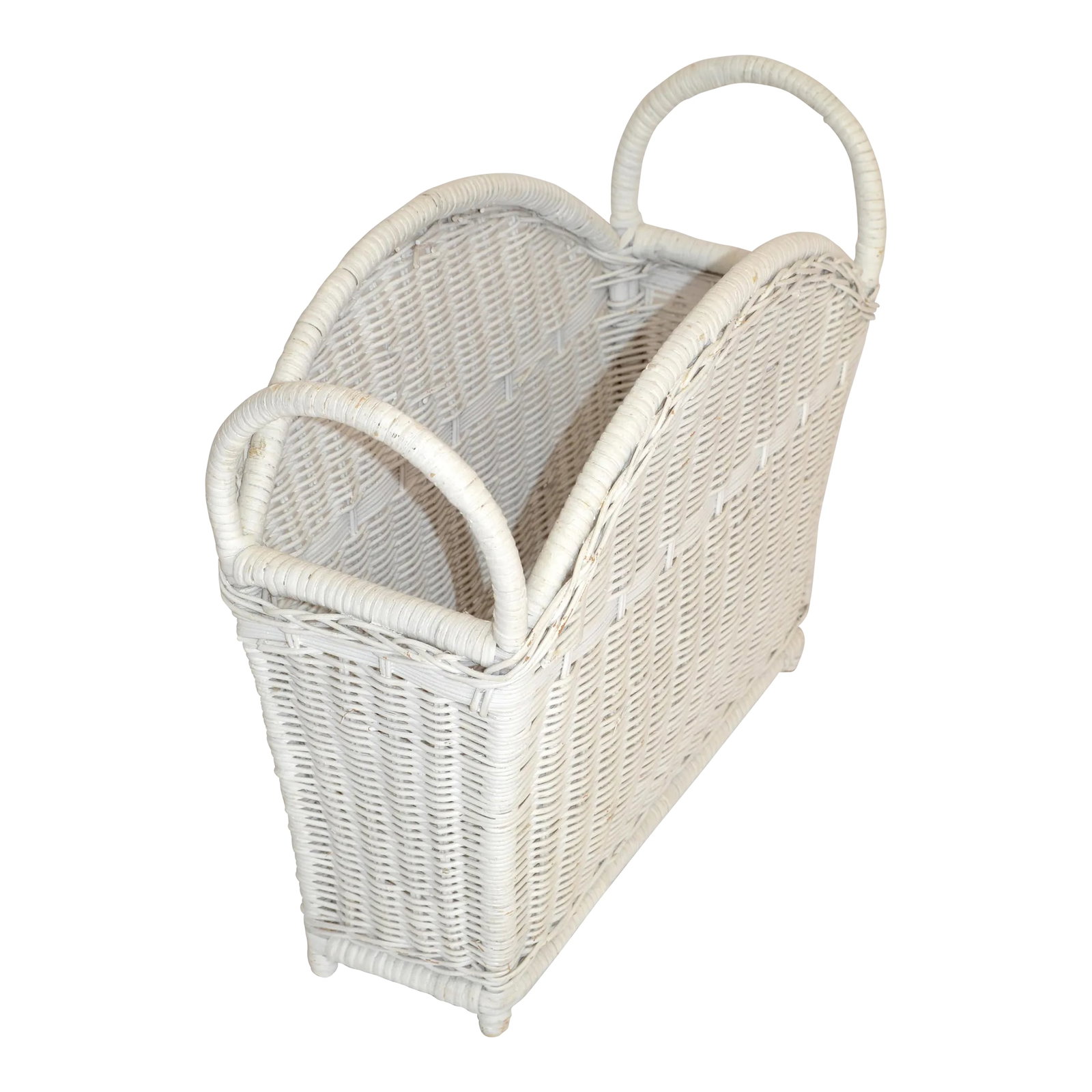 Bohemian Chic White Bleached Magazine Rack Handwoven Wicker & Rattan 1970: 1970s Mid-Century Modern Tropical white bleached Wicker and Rattan Magazine Rack, Newspaper Stand. Handwoven Craftsmanship for Your Tropical Florida Sun room. In pristine vintage condition with one br