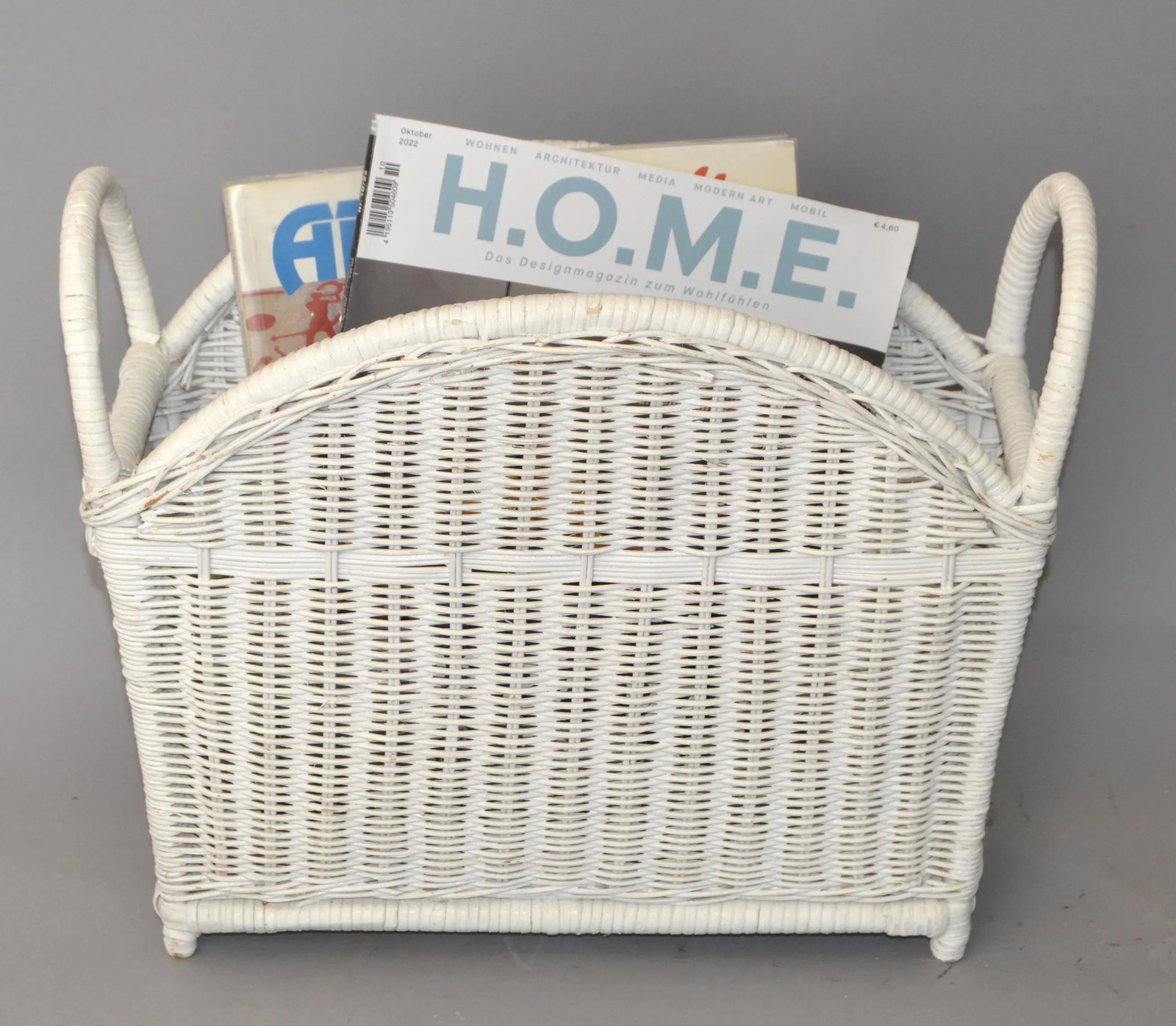 Bohemian Chic White Bleached Magazine Rack Handwoven Wicker & Rattan 1970 - 2