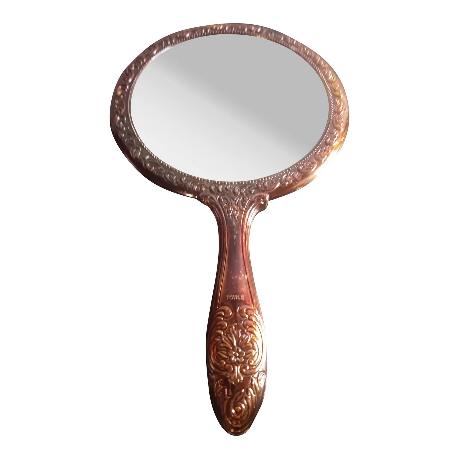 1930s Victorian Ornate Handheld Round Vanity Mirror: This is an EXQUISITE Antique Victorian Ornate 9.5" Handheld Round Vanity Mirror. Procured at auction BOX 34 Condition: Alterations: Original Condition Unaltered Imperfections: Some Imperfections