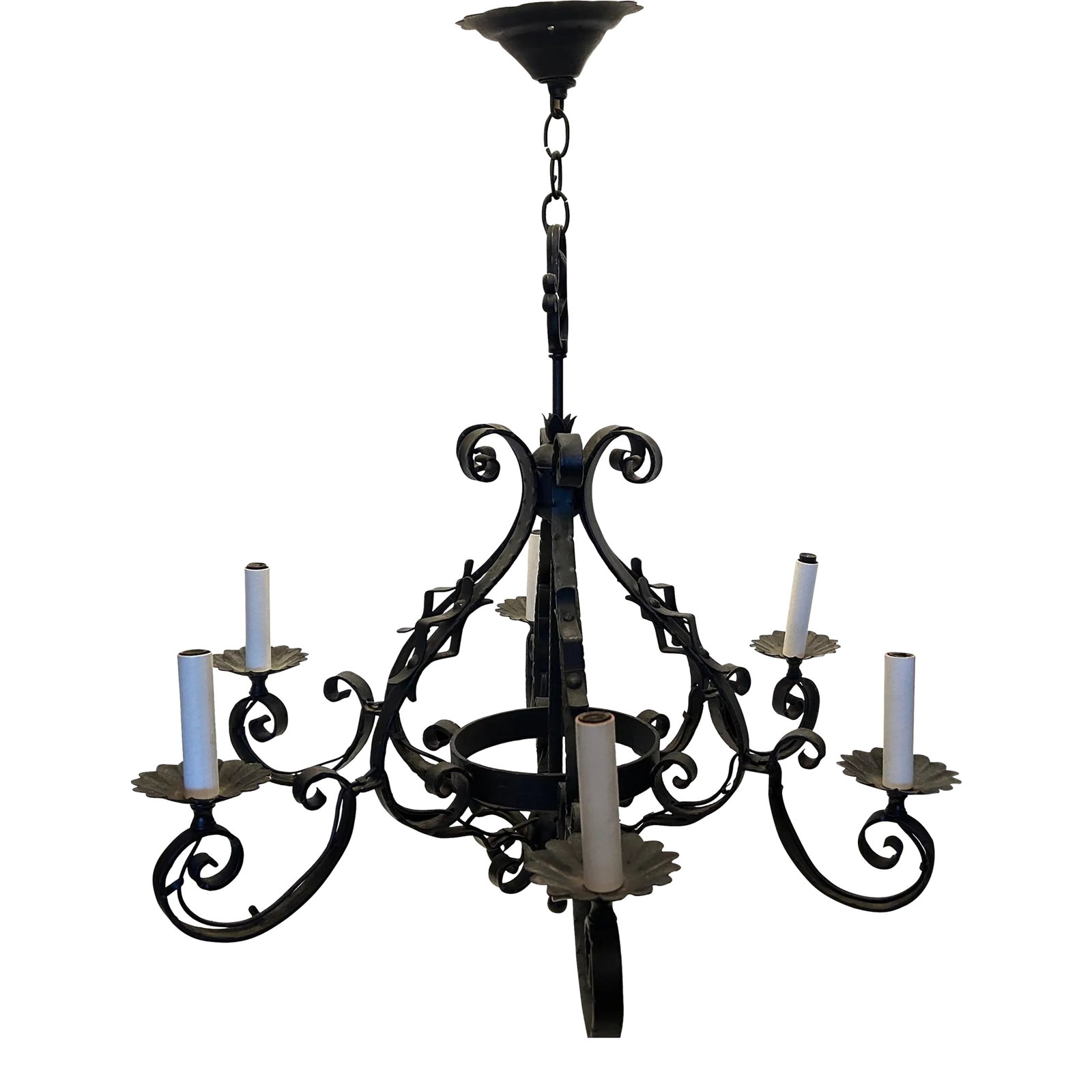 Vintage 1950s Black Iron Chandelier: :Our vintage black iron chandelier has 6 candelabra lights with white candle covers. This chandelier offers a classic look in a modern or traditional home. The fixture is 29.5" to the top of the