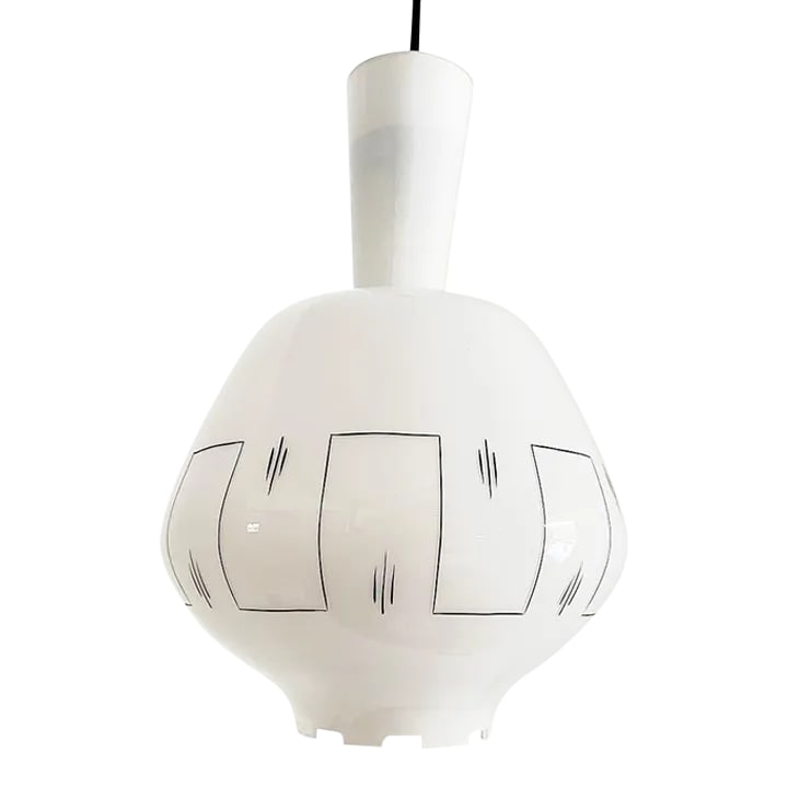 Midcentury Milk Glass Pendant Light: Stunning 1960s modern milk glass pendant light shaped like a long-necked gourd with hand painted central geometric band accented by trios of brush strokes and a chic crenelated bottom with central lig