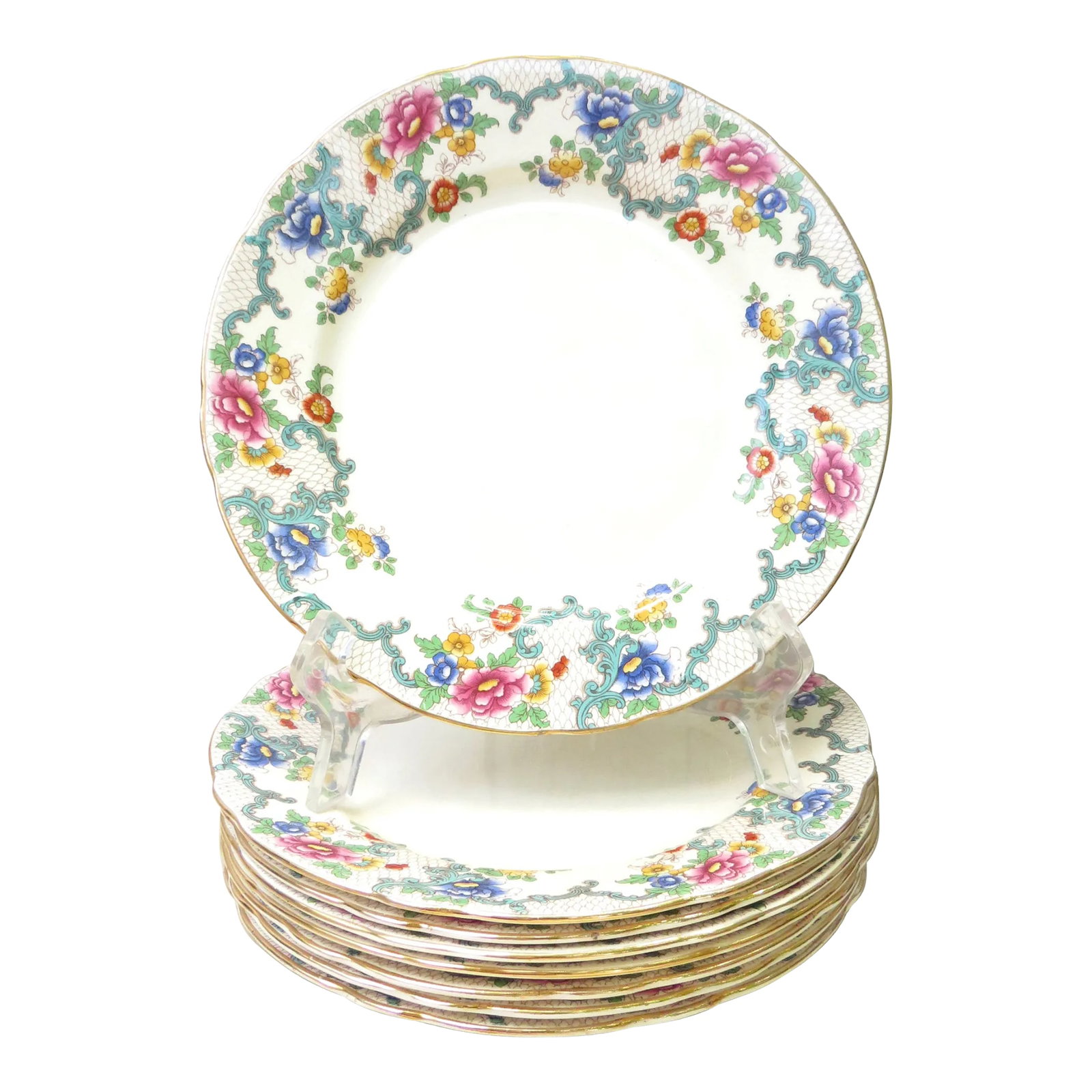 English Royal Cauldon Staffordshire Ironstone Transferware Plates, Set of 8: Collection of 8 Royal Cauldon Staffordshire plates in the "Victoria" pattern. Scalloped gilt edges, ornate floral and flouish rims with lacey infill all combine to create a lovely addition to any