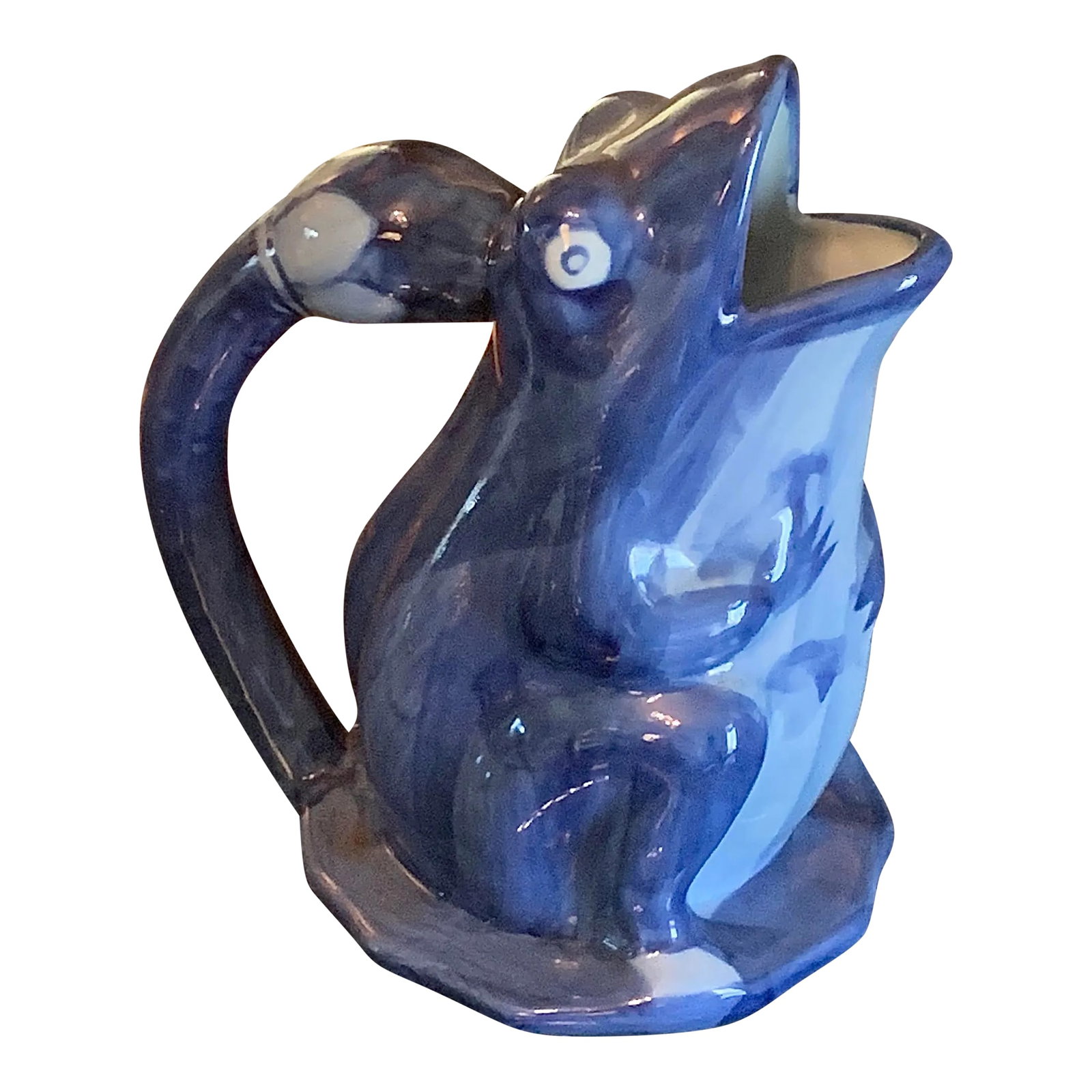 Charming Blue Pottery Frog Pitcher: Offering a charming smaller scale blue and white ceramic pitcher - a frog on a lily pad in excellent condition. Condition: Alterations: Original Condition Unaltered Imperfections: Some Imperfections